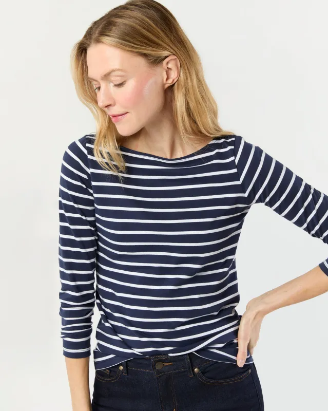 Long-Sleeved Boatneck Tee in Navy/White Stripe Pima Cotton sold by Mashburn