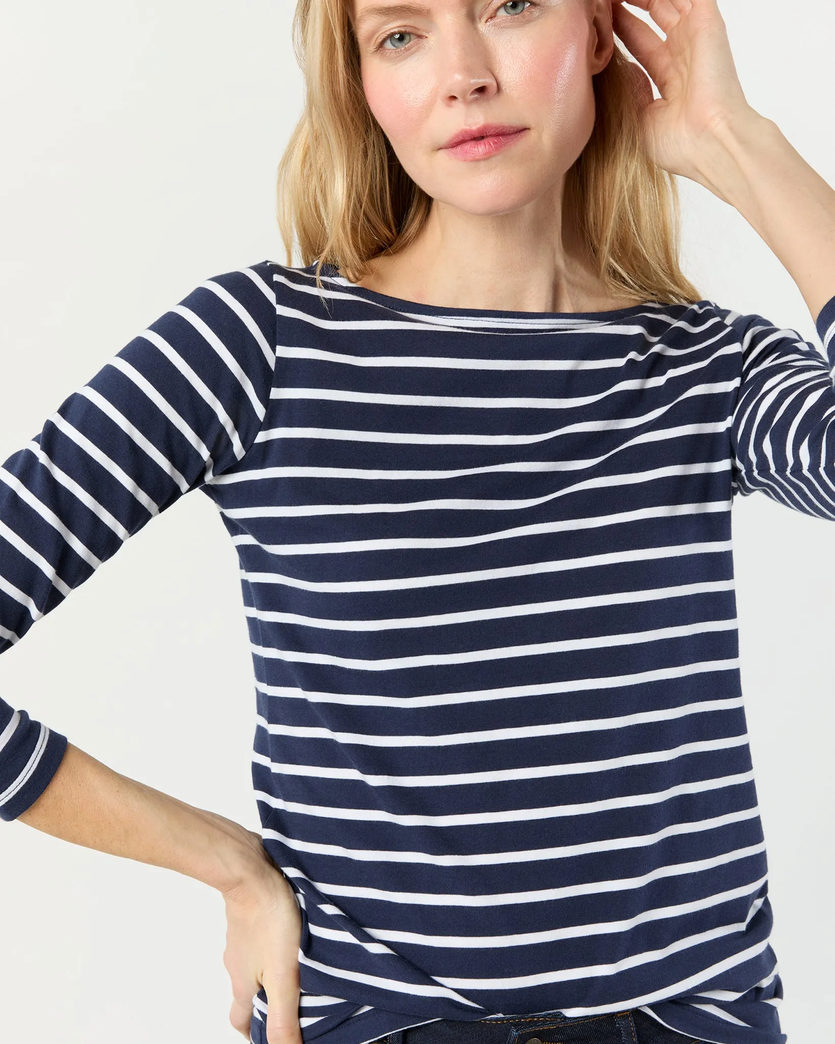 Long-Sleeved Boatneck Tee in Navy/White Stripe Pima Cotton sold by Mashburn product image thumbnail 4