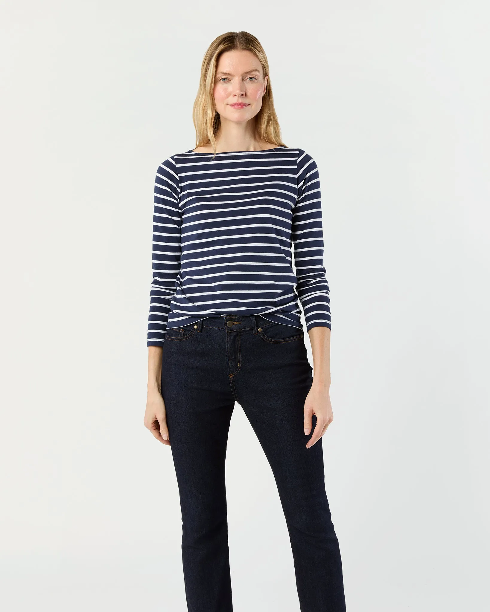 Long-Sleeved Boatneck Tee in Navy/White Stripe Pima Cotton sold by Mashburn product image thumbnail 3