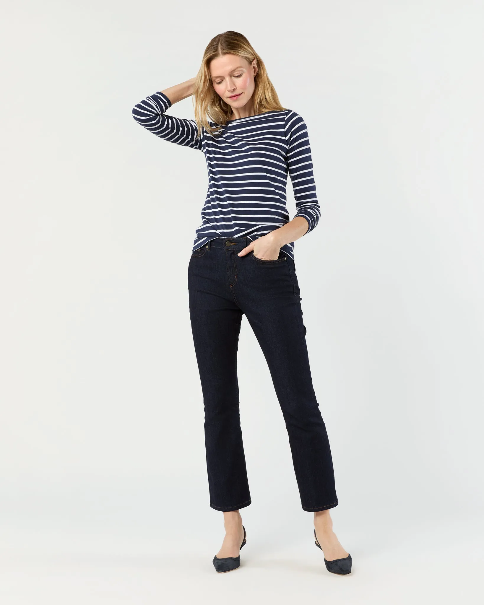 Long-Sleeved Boatneck Tee in Navy/White Stripe Pima Cotton sold by Mashburn product image thumbnail 2