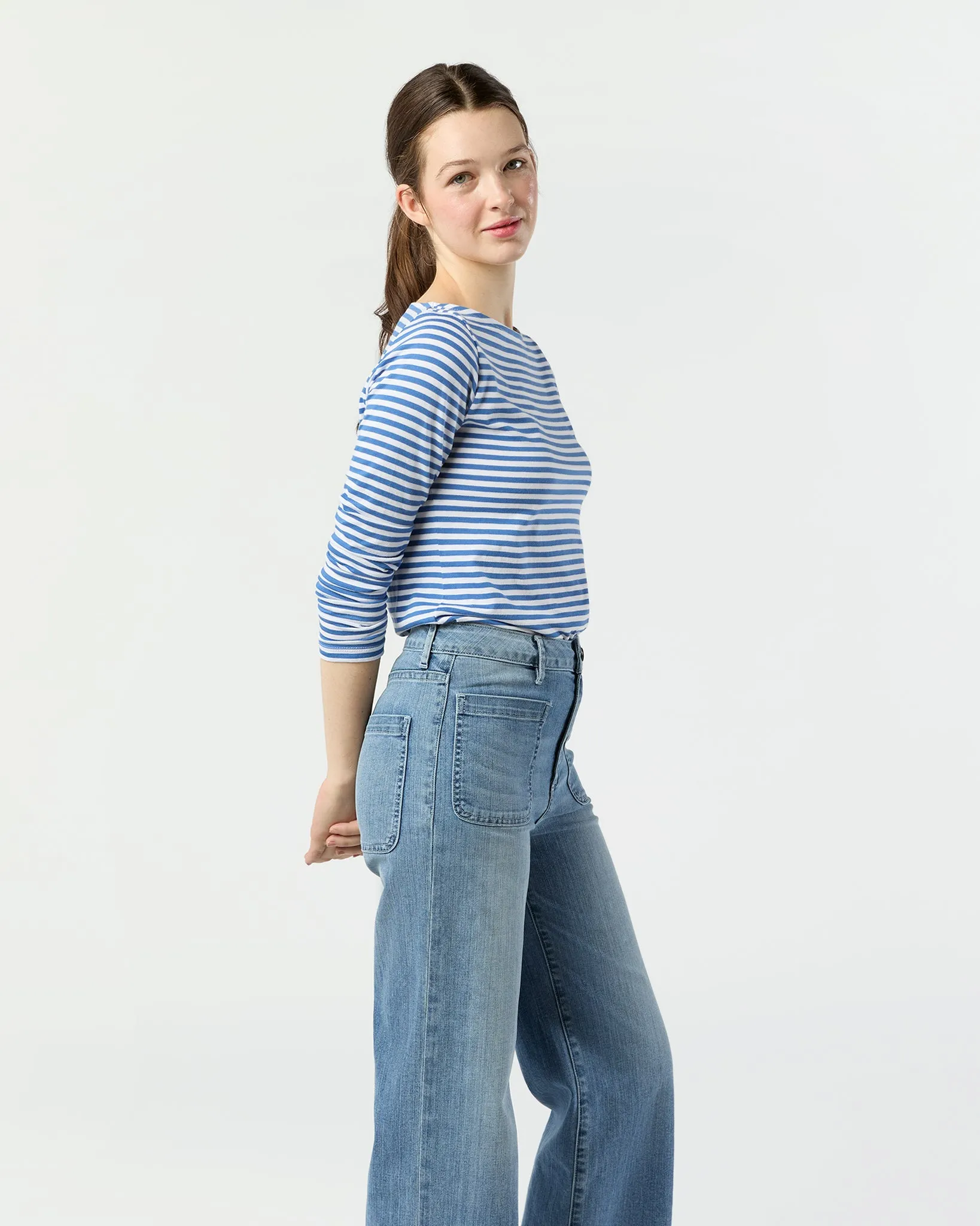 Long-Sleeved Boatneck Tee in Blue/White Stripe Pima Cotton sold by Mashburn product image thumbnail 4