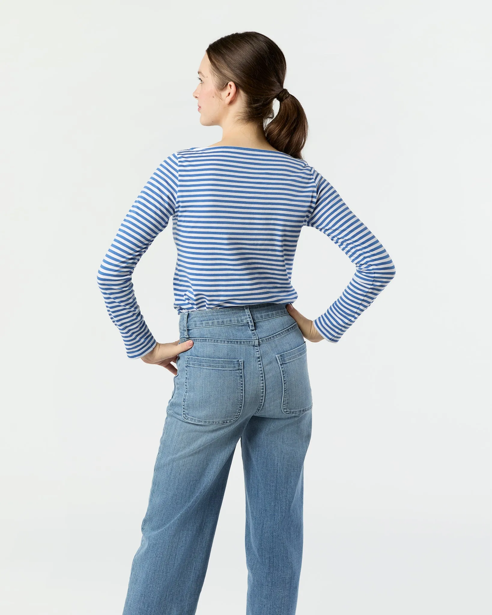 Long-Sleeved Boatneck Tee in Blue/White Stripe Pima Cotton sold by Mashburn product image thumbnail 5