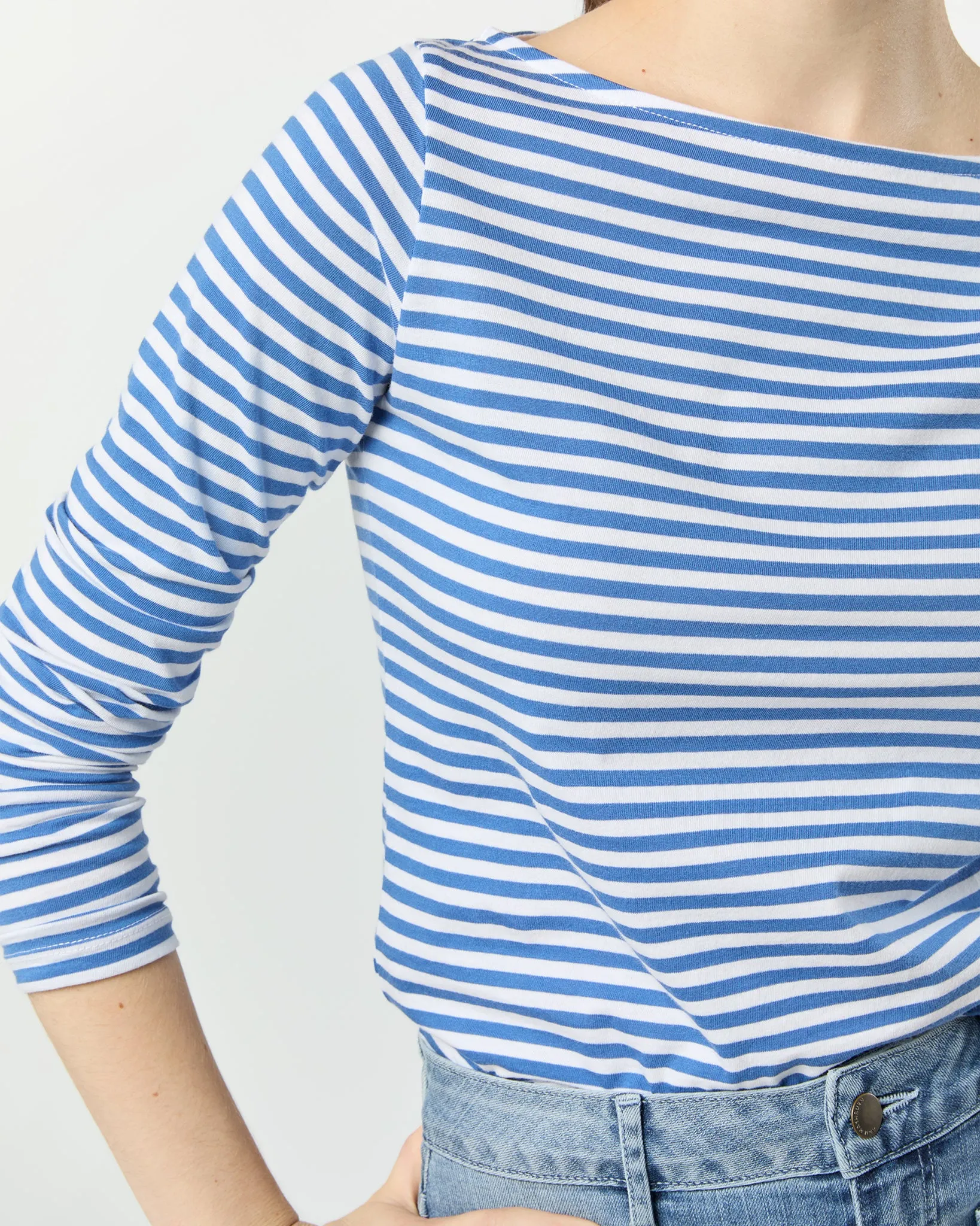 Long-Sleeved Boatneck Tee in Blue/White Stripe Pima Cotton sold by Mashburn product image thumbnail 2