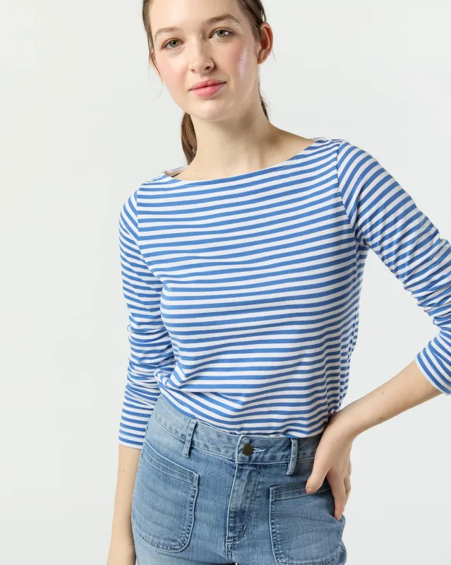 Long-Sleeved Boatneck Tee in Blue/White Stripe Pima Cotton sold by Mashburn