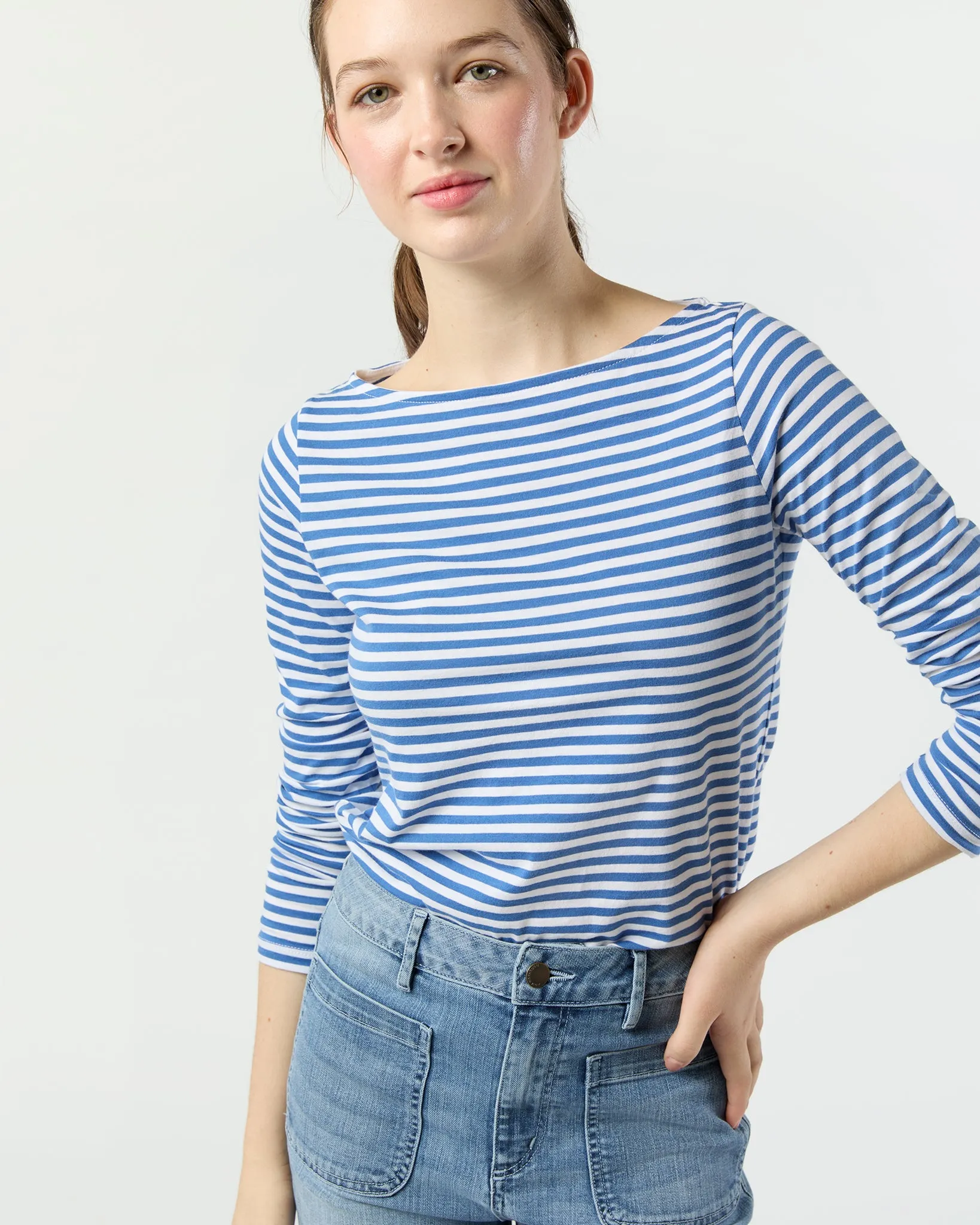Long-Sleeved Boatneck Tee in Blue/White Stripe Pima Cotton sold by Mashburn