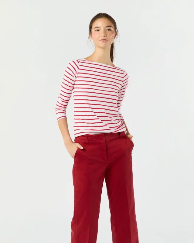 Long-Sleeved Boatneck Tee in White/Red Stripe Pima Cotton sold by Mashburn