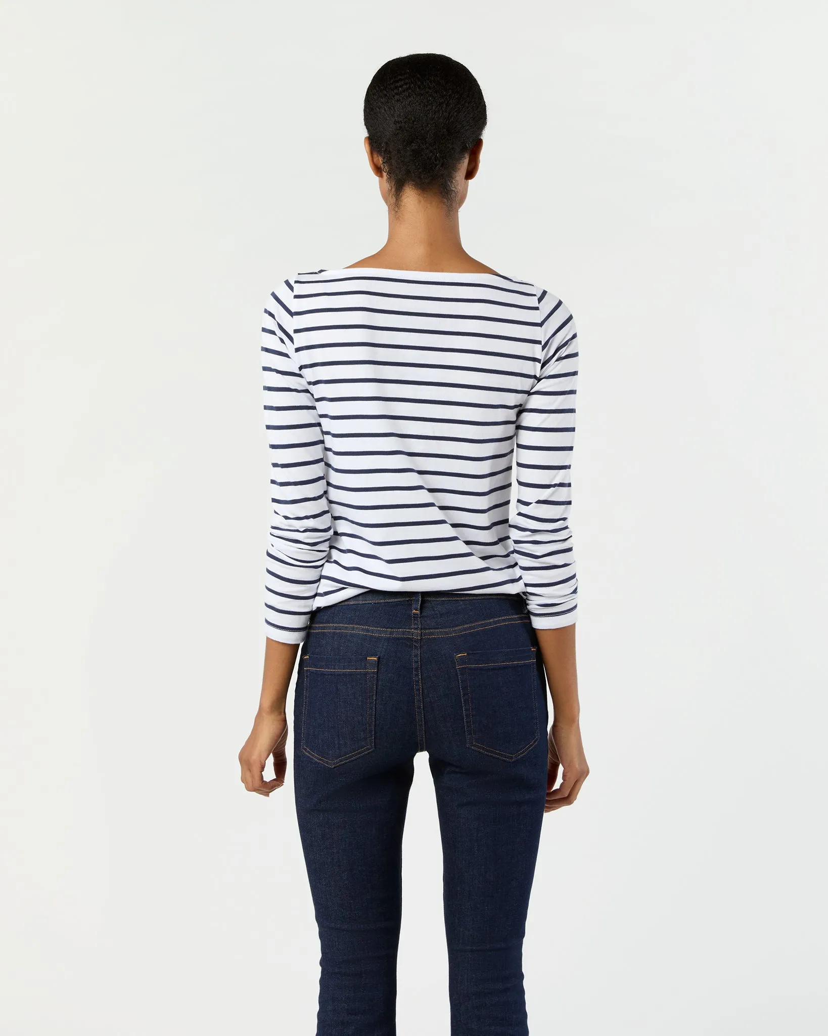 Long-Sleeved Boatneck Tee in White/Navy Stripe Pima Cotton sold by Mashburn product image thumbnail 5