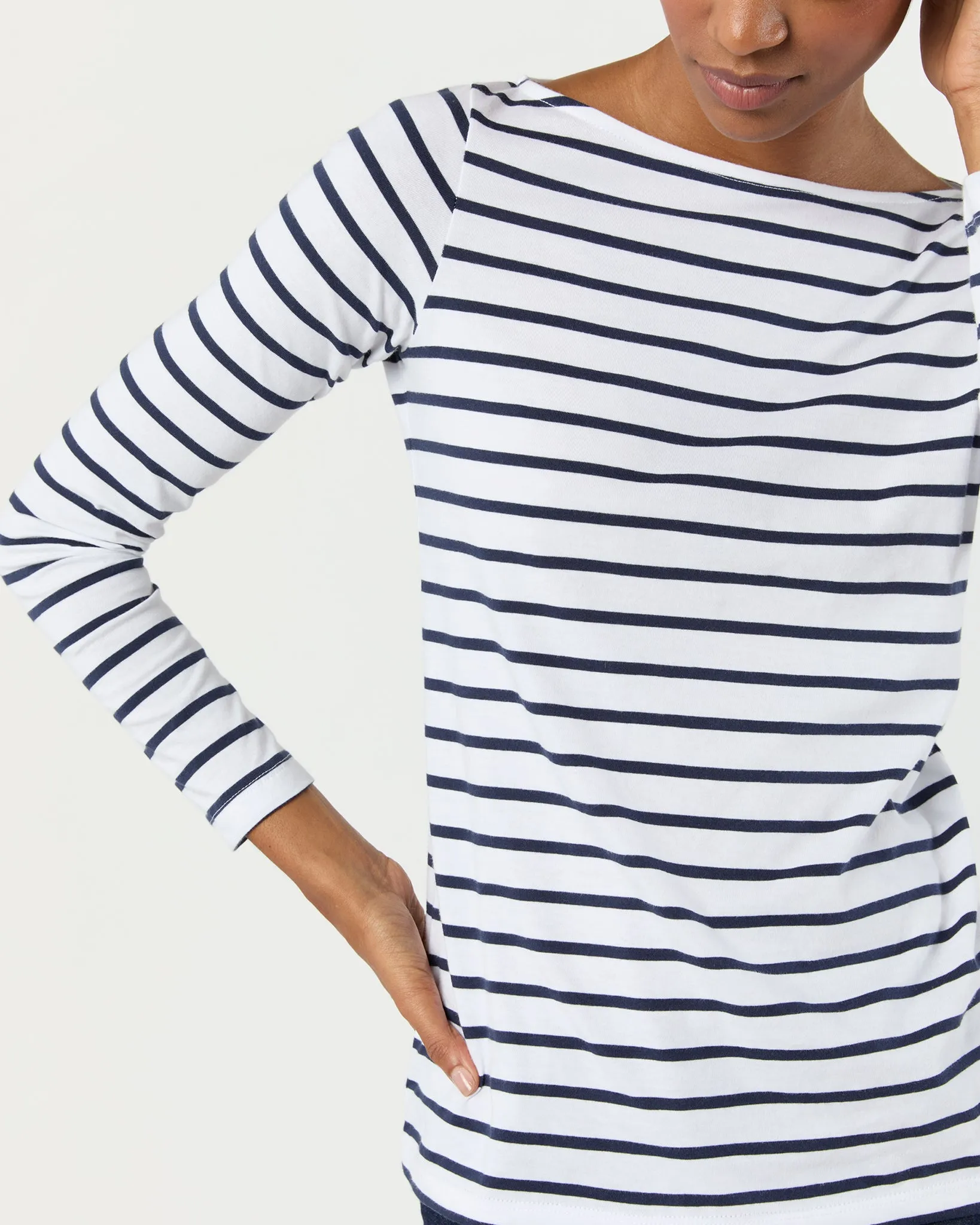 Long-Sleeved Boatneck Tee in White/Navy Stripe Pima Cotton sold by Mashburn product image thumbnail 2