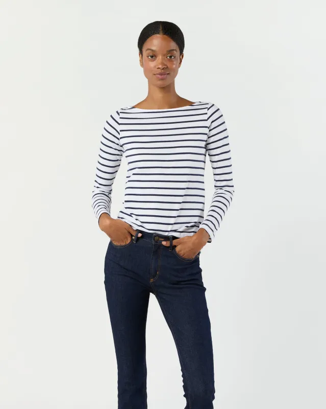 Long-Sleeved Boatneck Tee in White/Navy Stripe Pima Cotton sold by Mashburn