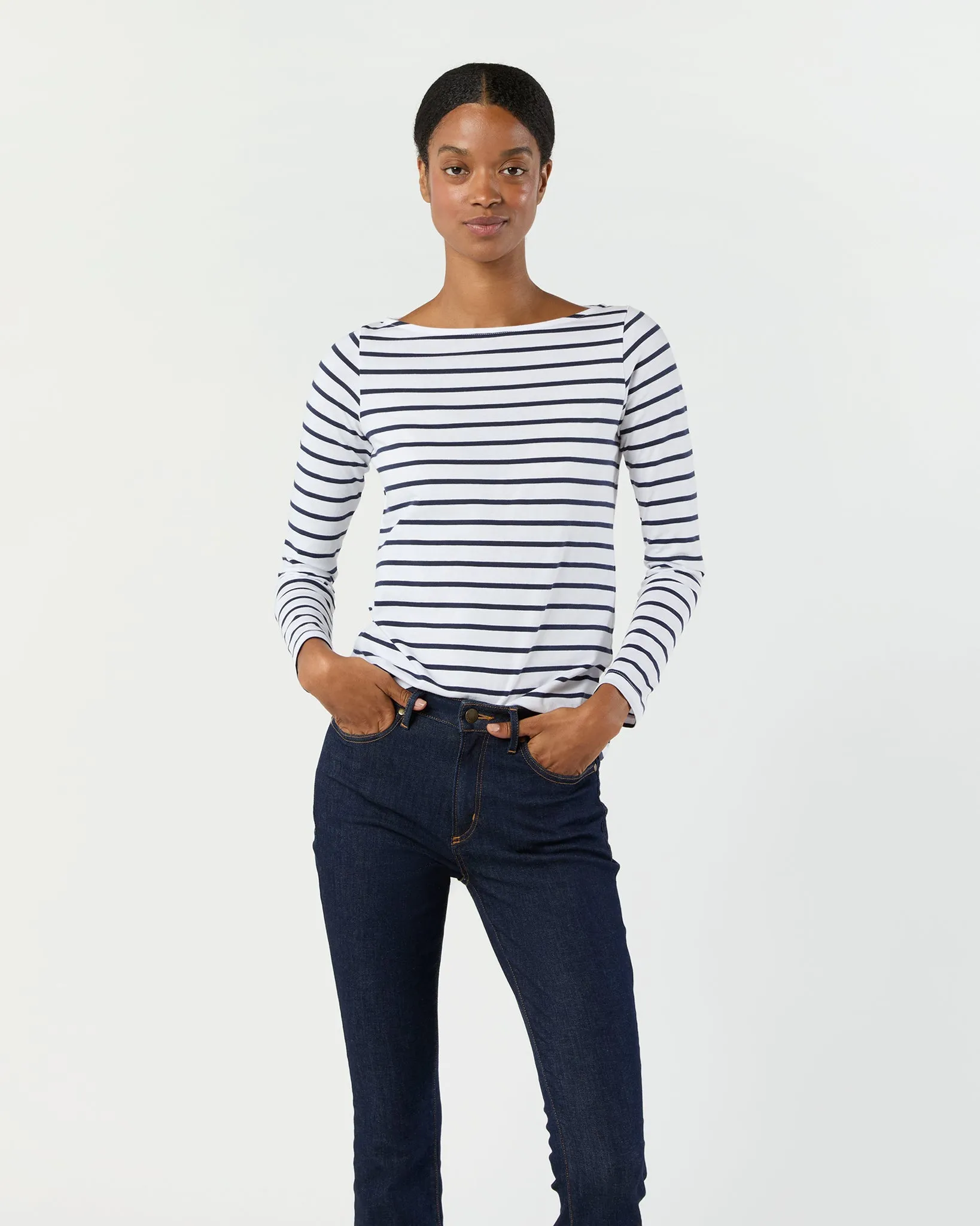 Long-Sleeved Boatneck Tee in White/Navy Stripe Pima Cotton sold by Mashburn