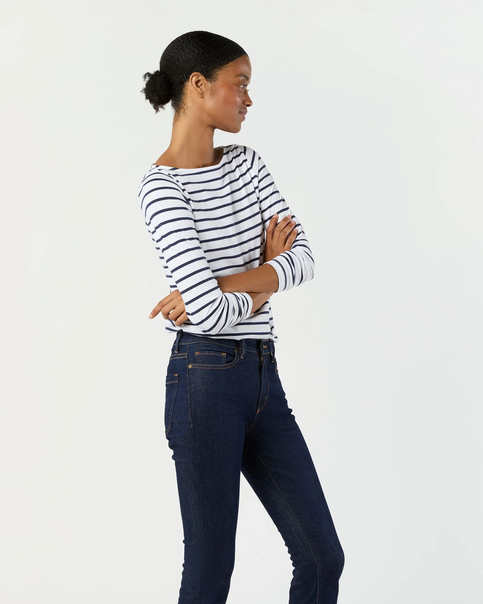 Long-Sleeved Boatneck Tee in White/Navy Stripe Pima Cotton sold by Mashburn product image thumbnail 4