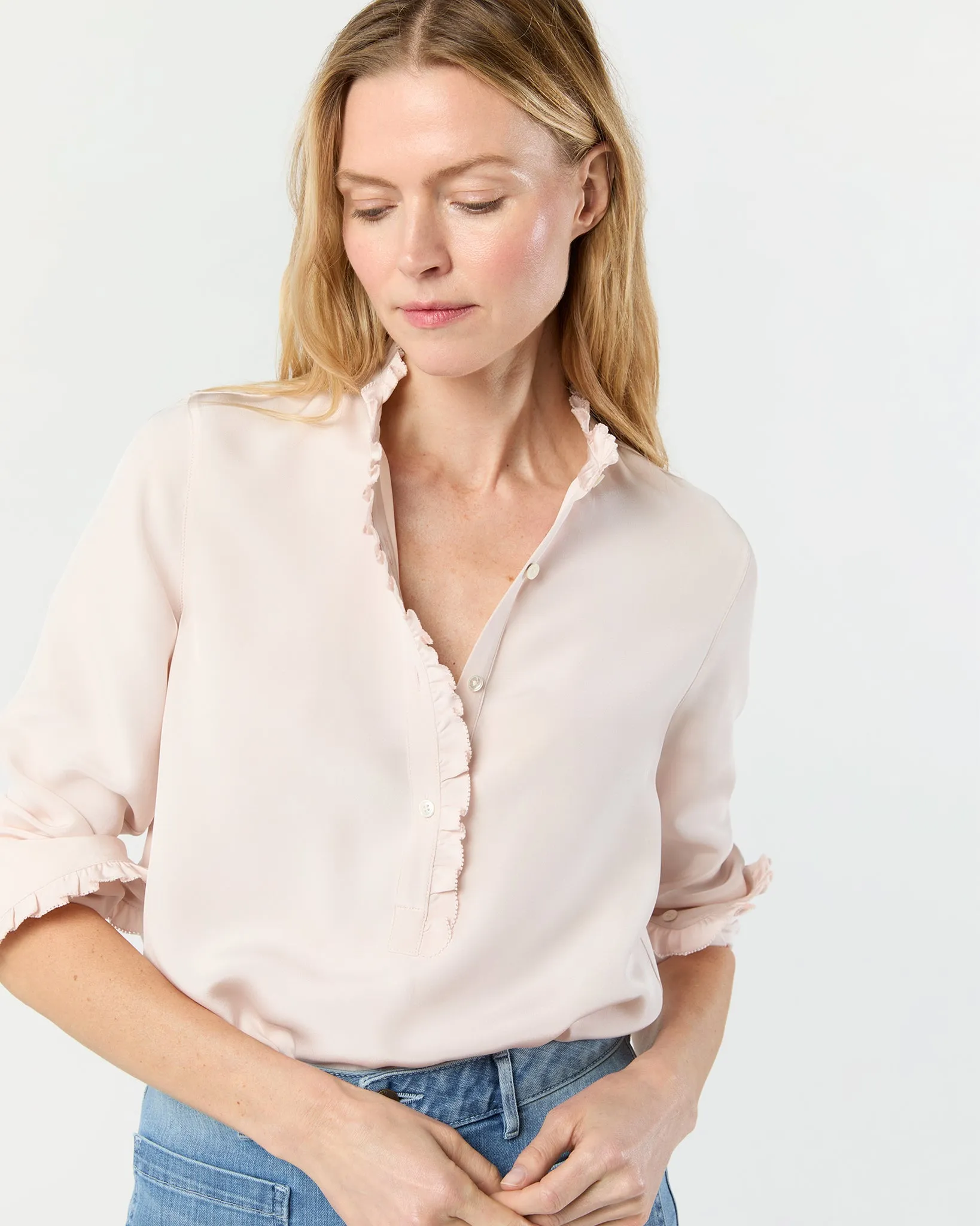 Frill Blouse in Pale Pink Silk Crepe de Chine sold by Mashburn