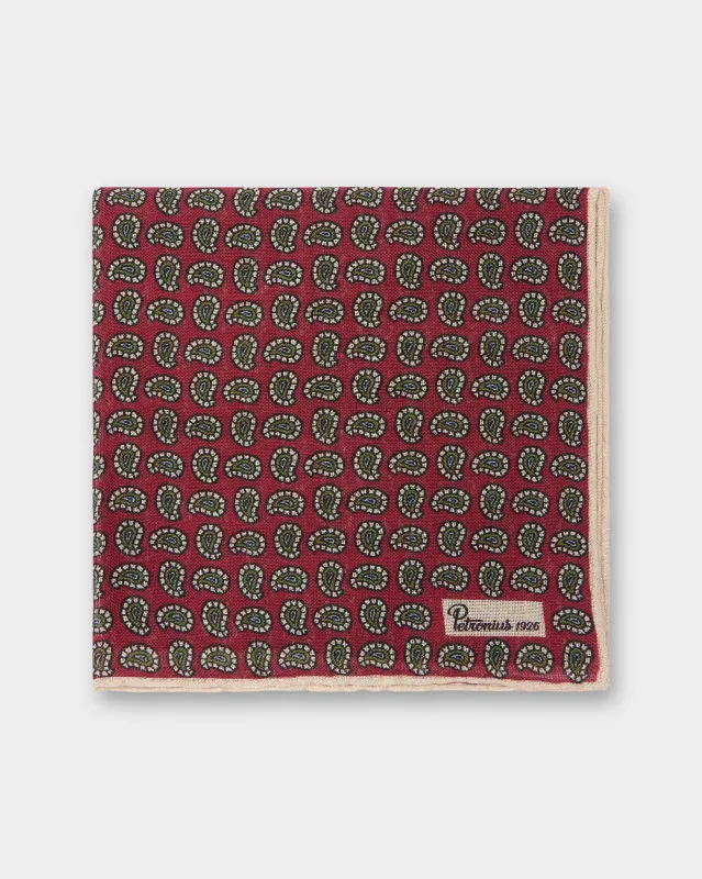 Wool/Silk Pocket Square in Red/Olive/Bone Paisley sold by Mashburn