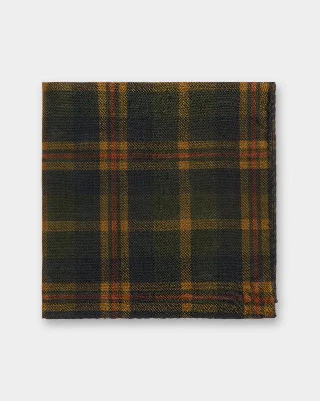 Wool/Silk Pocket Square in Midnight/Gold/Orange Plaid sold by Mashburn