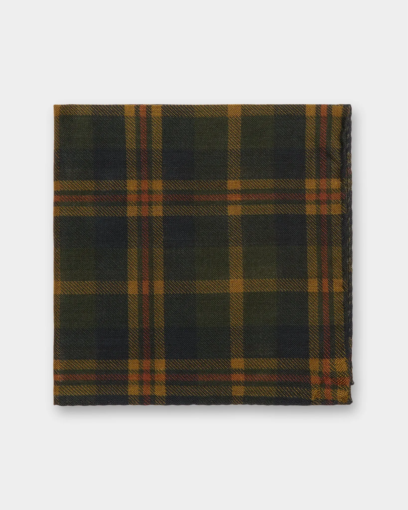 Wool/Silk Pocket Square in Midnight/Gold/Orange Plaid sold by Mashburn