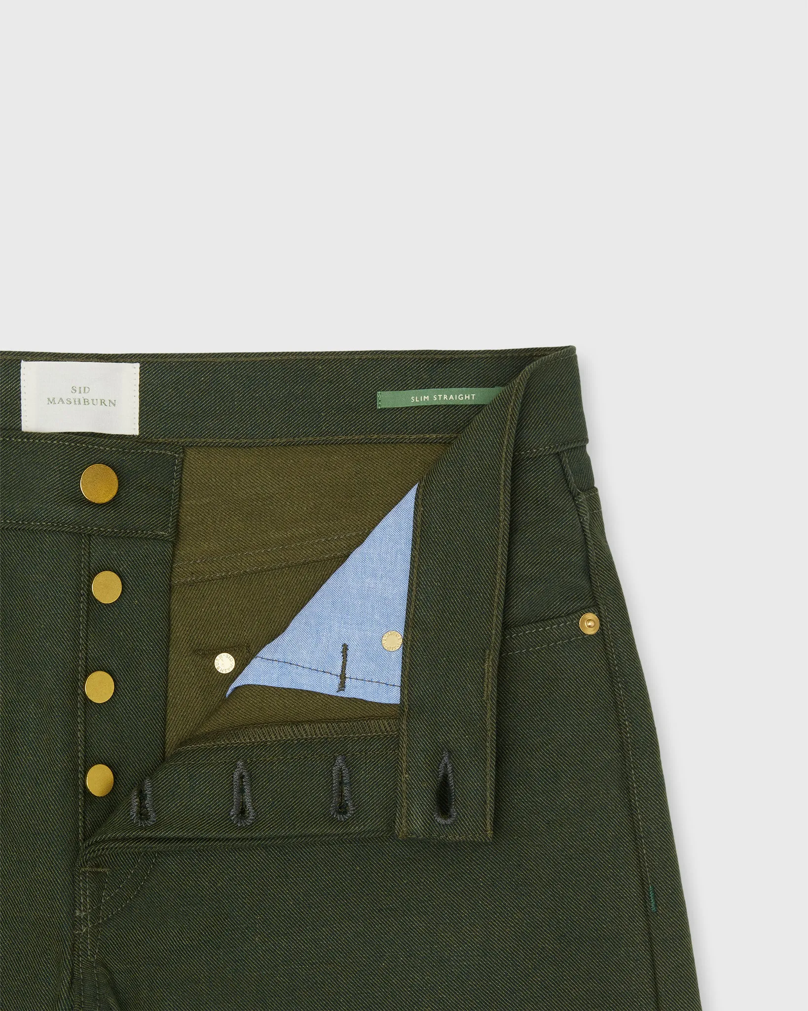 Slim Straight Jean in Olive Selvedge Denim sold by Mashburn product image thumbnail 3