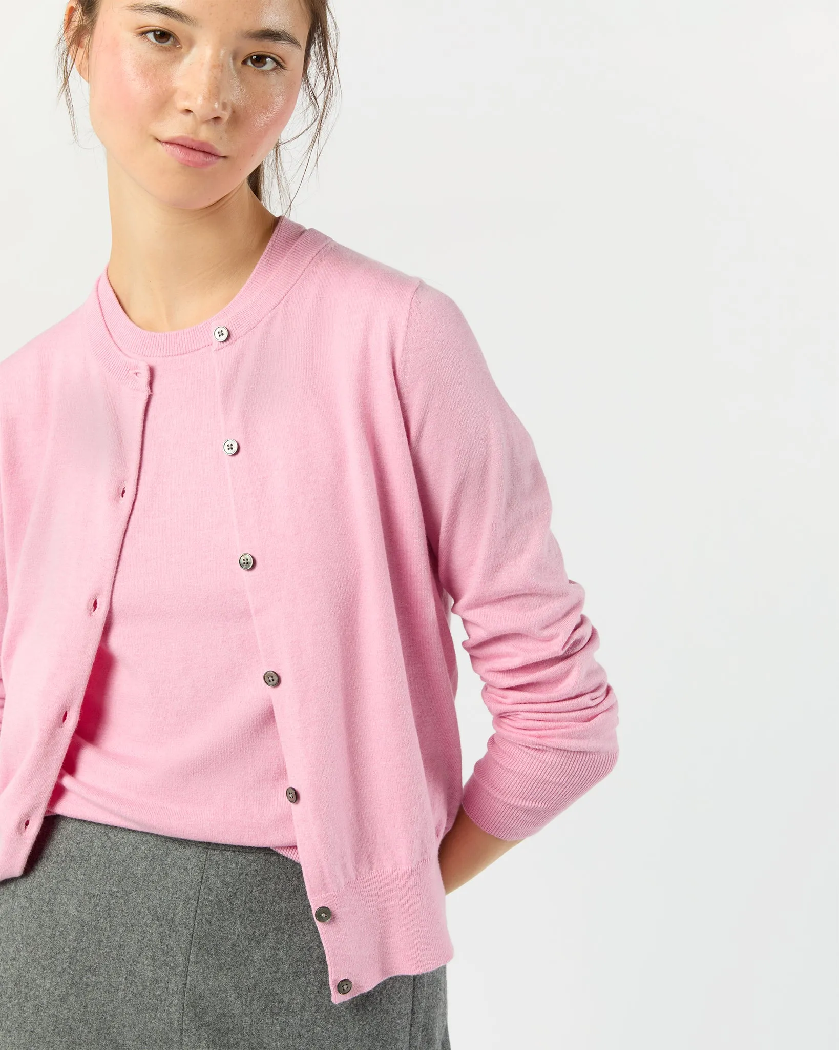 Rosie Cardigan in Heather Rose Cotton/Silk Yarn sold by Mashburn