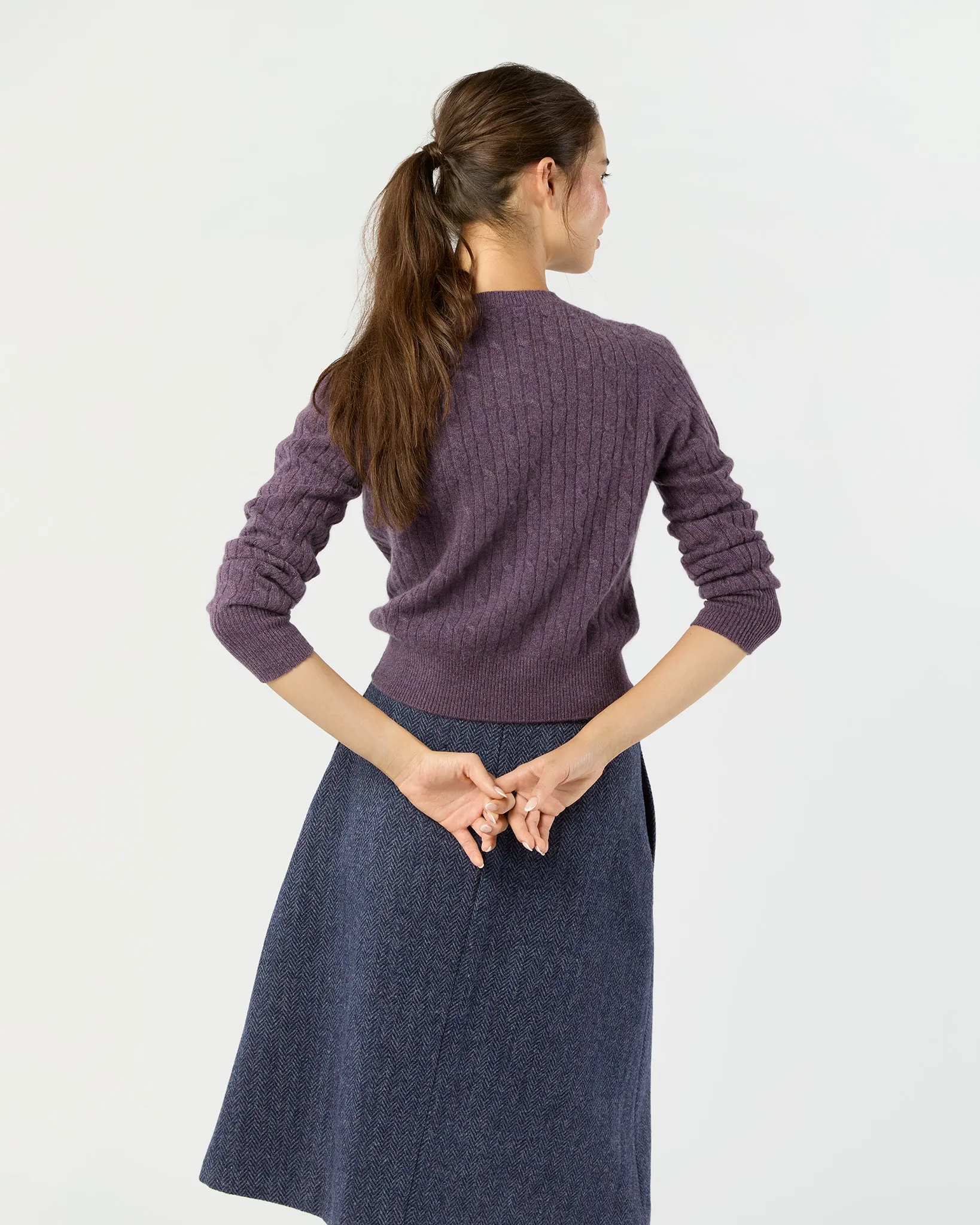 Rosie Cable Cardigan in Heather Eggplant Cashmere sold by Mashburn product image thumbnail 5