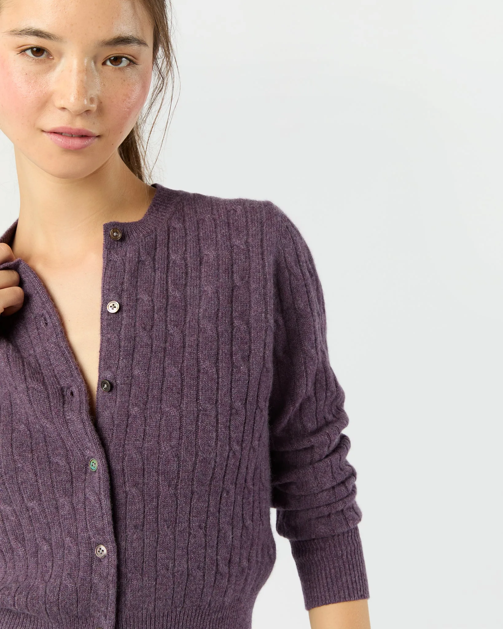 Rosie Cable Cardigan in Heather Eggplant Cashmere sold by Mashburn product image thumbnail 2