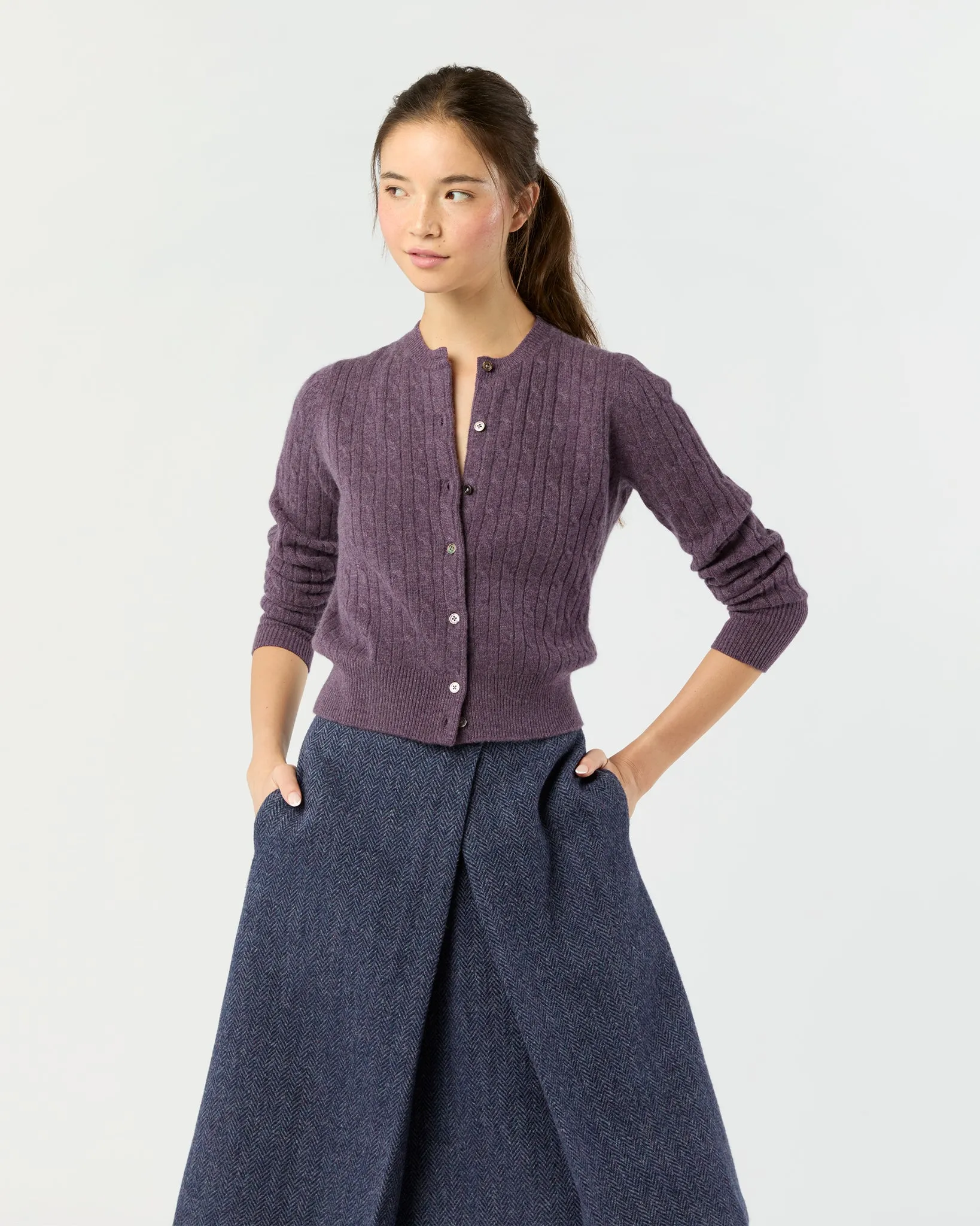 Rosie Cable Cardigan in Heather Eggplant Cashmere sold by Mashburn