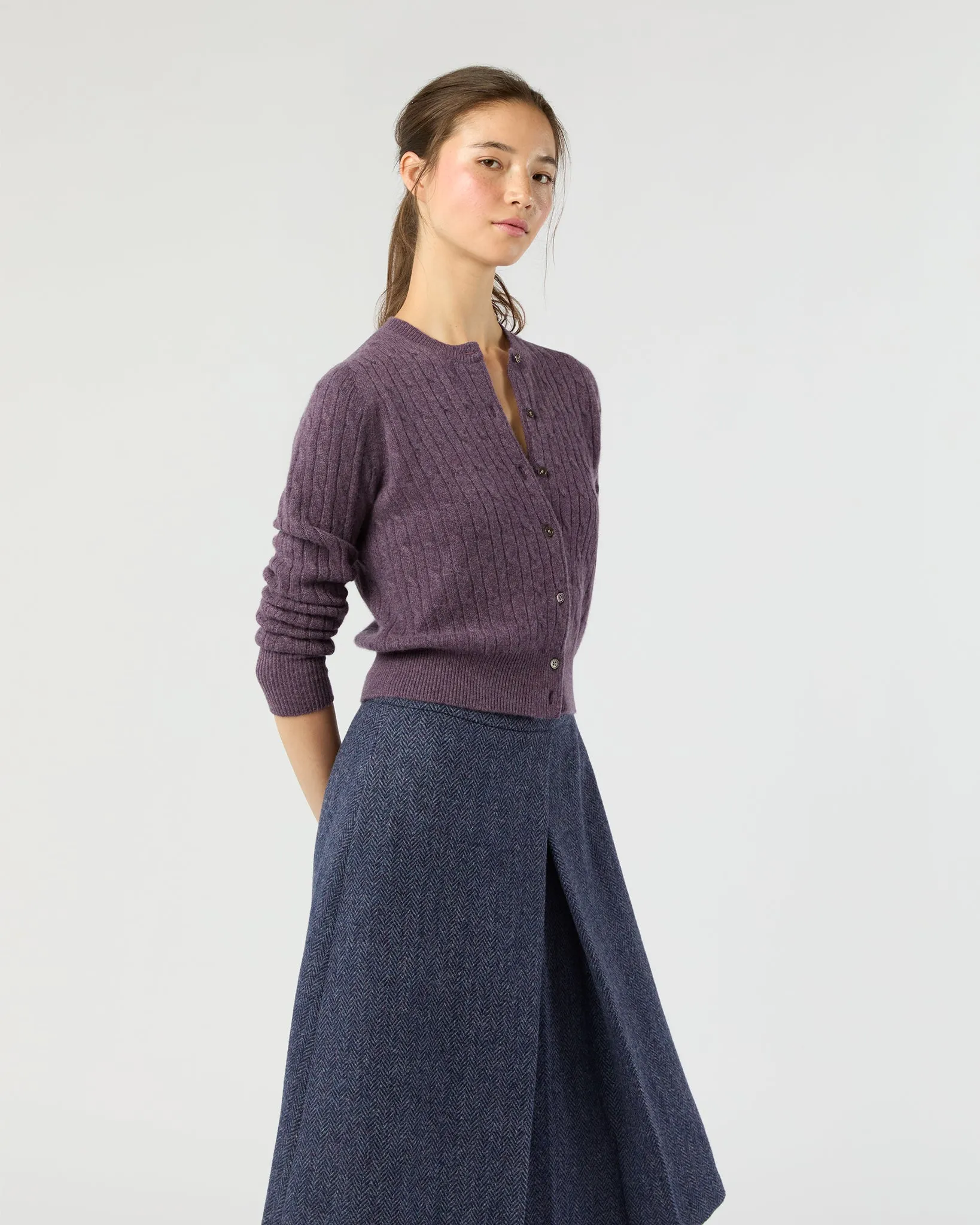 Rosie Cable Cardigan in Heather Eggplant Cashmere sold by Mashburn product image thumbnail 4