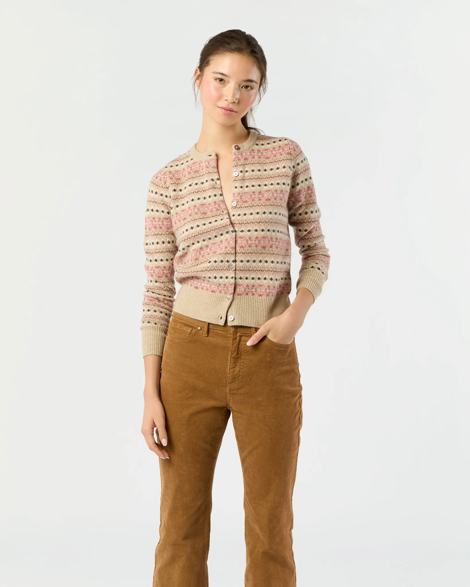 Rosie Fair Isle Cardigan in Mink/Pink Multi Extra Fine Merino Wool sold by Mashburn