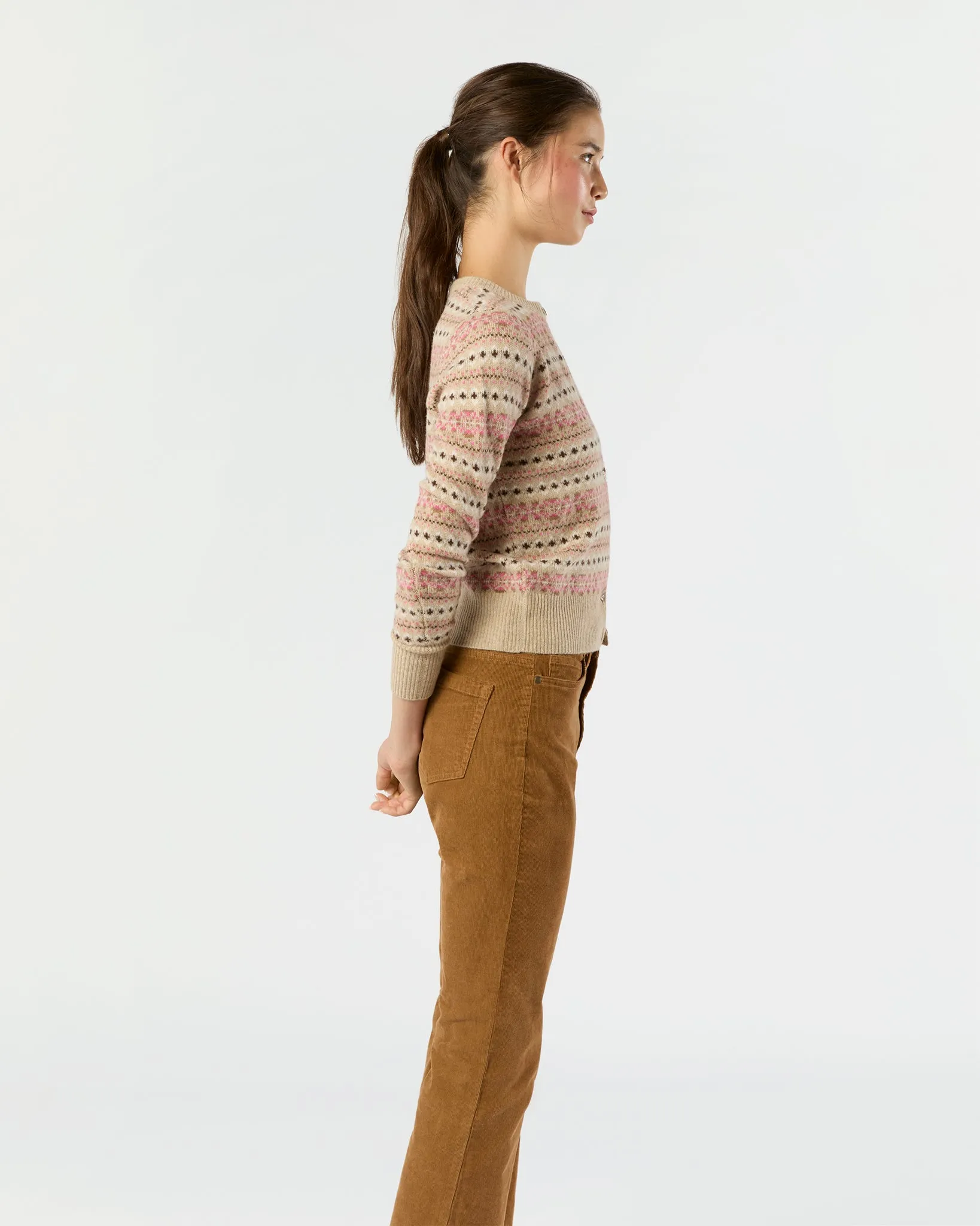 Rosie Fair Isle Cardigan in Mink/Pink Multi Extra Fine Merino Wool sold by Mashburn product image thumbnail 5