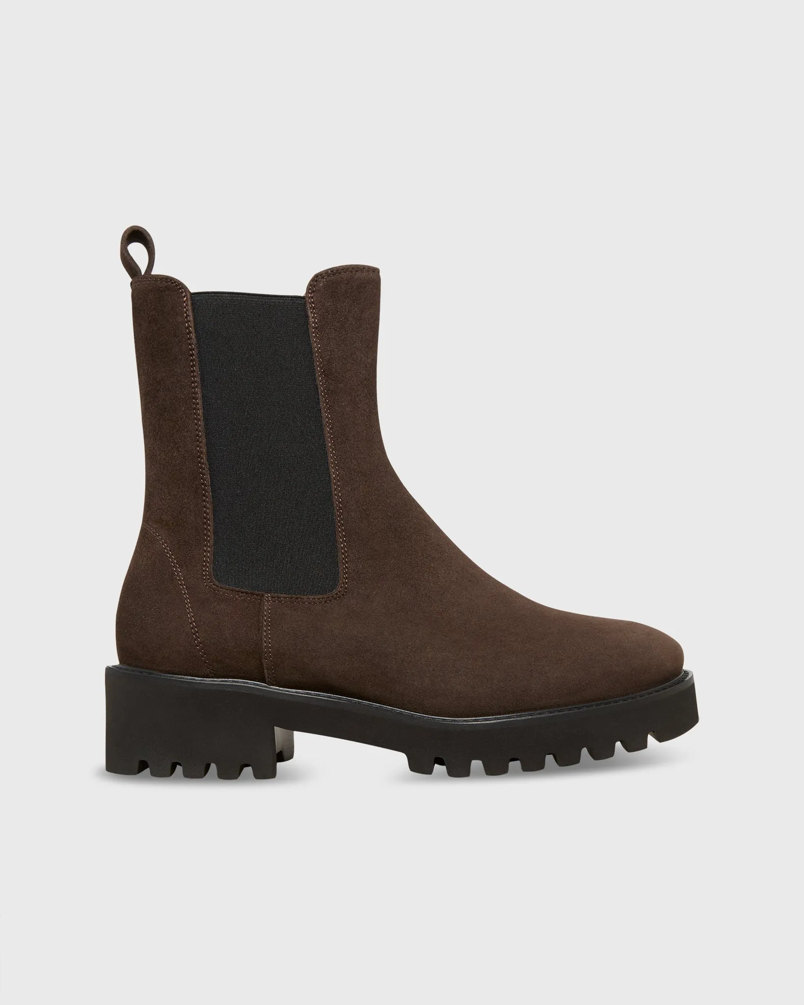 Tall Lug Sole Chelsea Boot in Chocolate Suede sold by Mashburn
