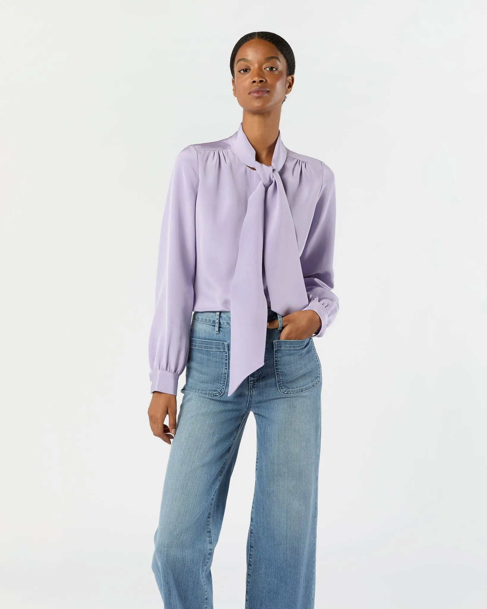 Tie-Neck Blouse in Lavender Silk Crepe de Chine sold by Mashburn