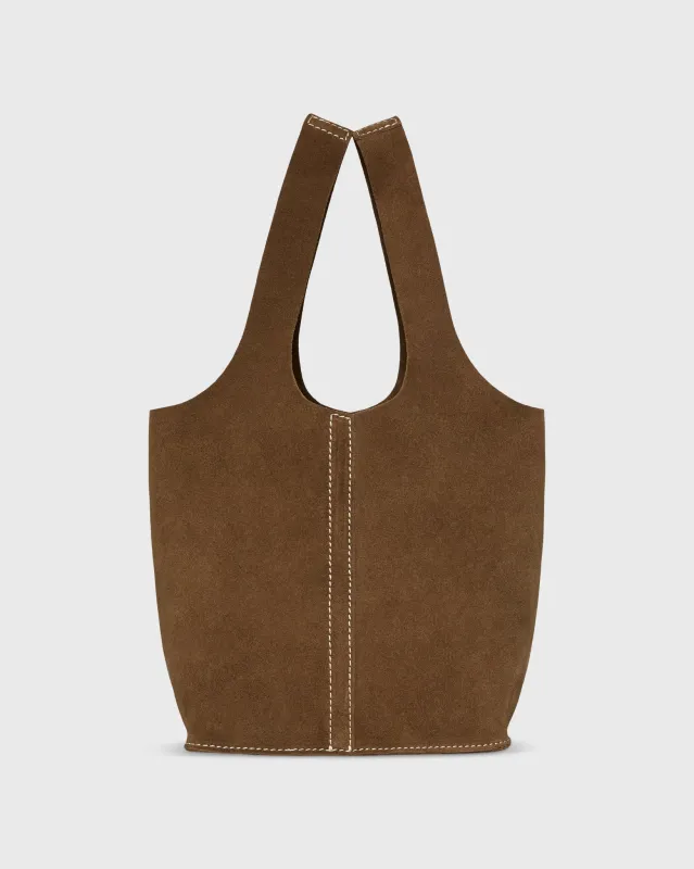 Paola Bucket Bag in Chestnut Suede sold by Mashburn