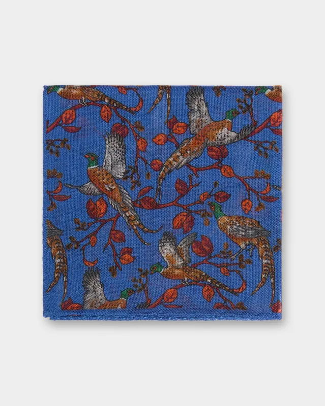 Wool/Silk Pocket Square in Lapis Pheasant sold by Mashburn