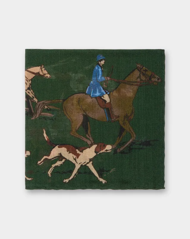 Wool/Silk Pocket Square in Green Foxhunt sold by Mashburn