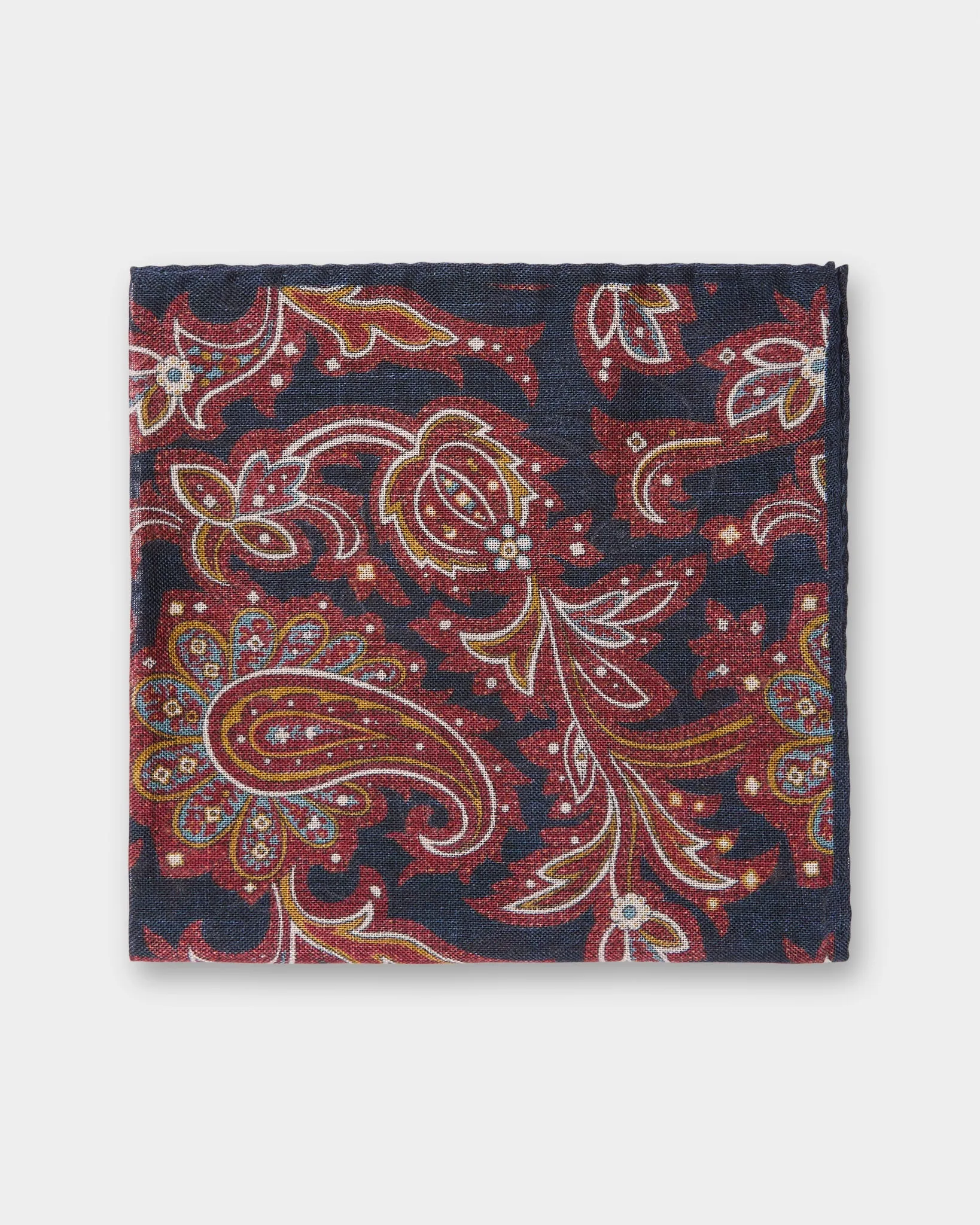 Wool/Silk Pocket Square in Navy/Rust/Camel Paisley sold by Mashburn