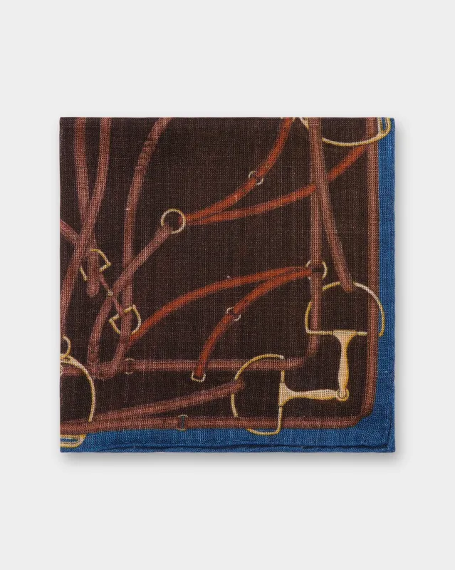 Wool/Silk Pocket Square in Brown/Blue/Orange Equestrian sold by Mashburn