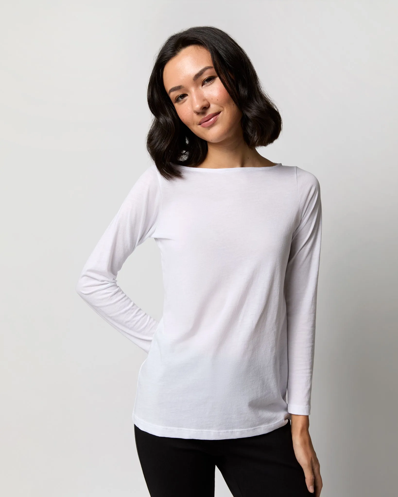 Long-Sleeved Boatneck Tee in White Pima Cotton sold by Mashburn