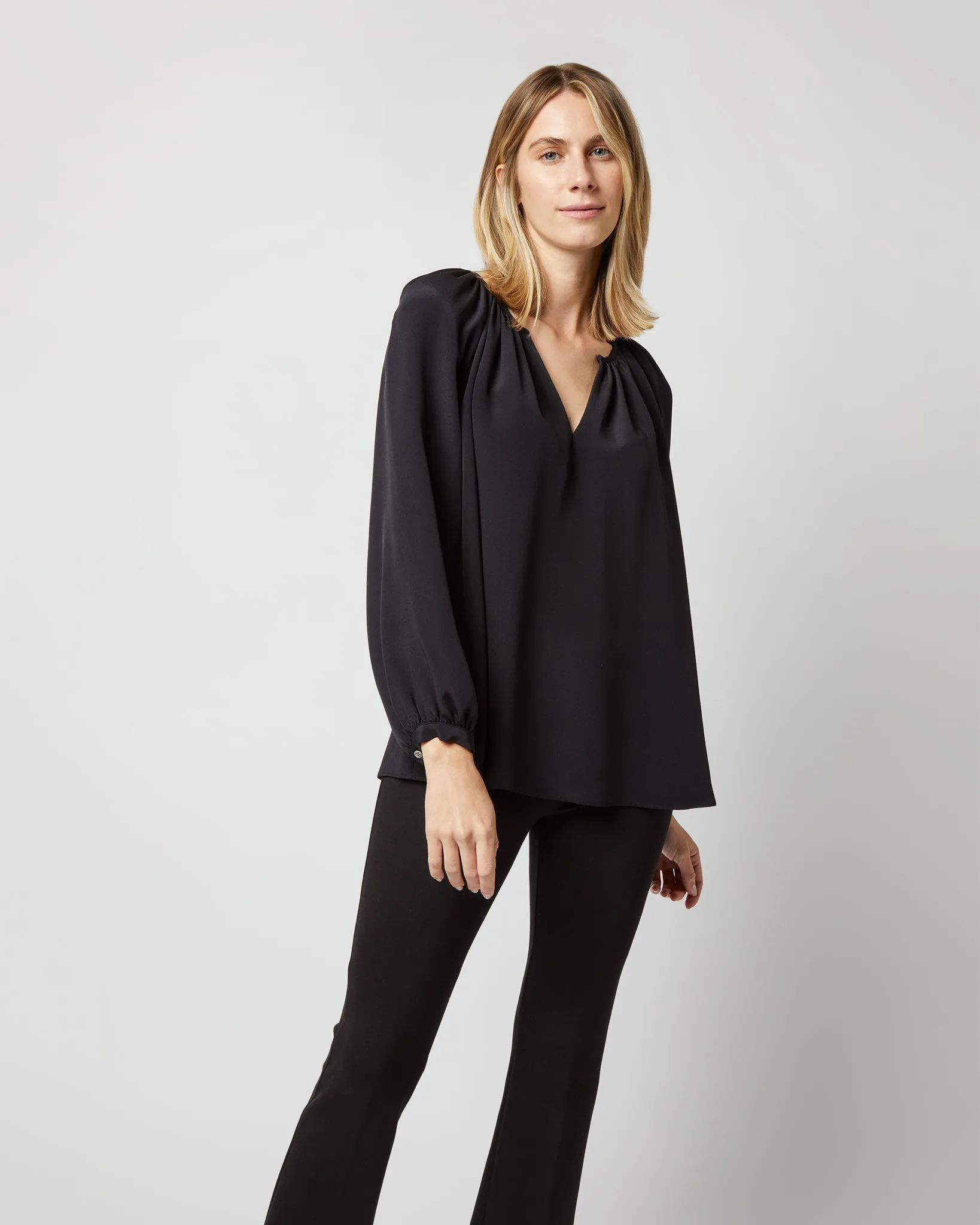 Ariana Blouse in Black Silk Crepe de Chine sold by Mashburn