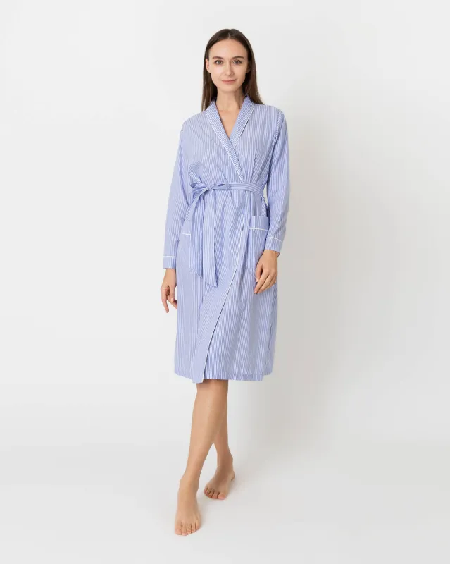 Darcey Robe in Blue Bengal Stripe Cotton Lawn sold by Mashburn