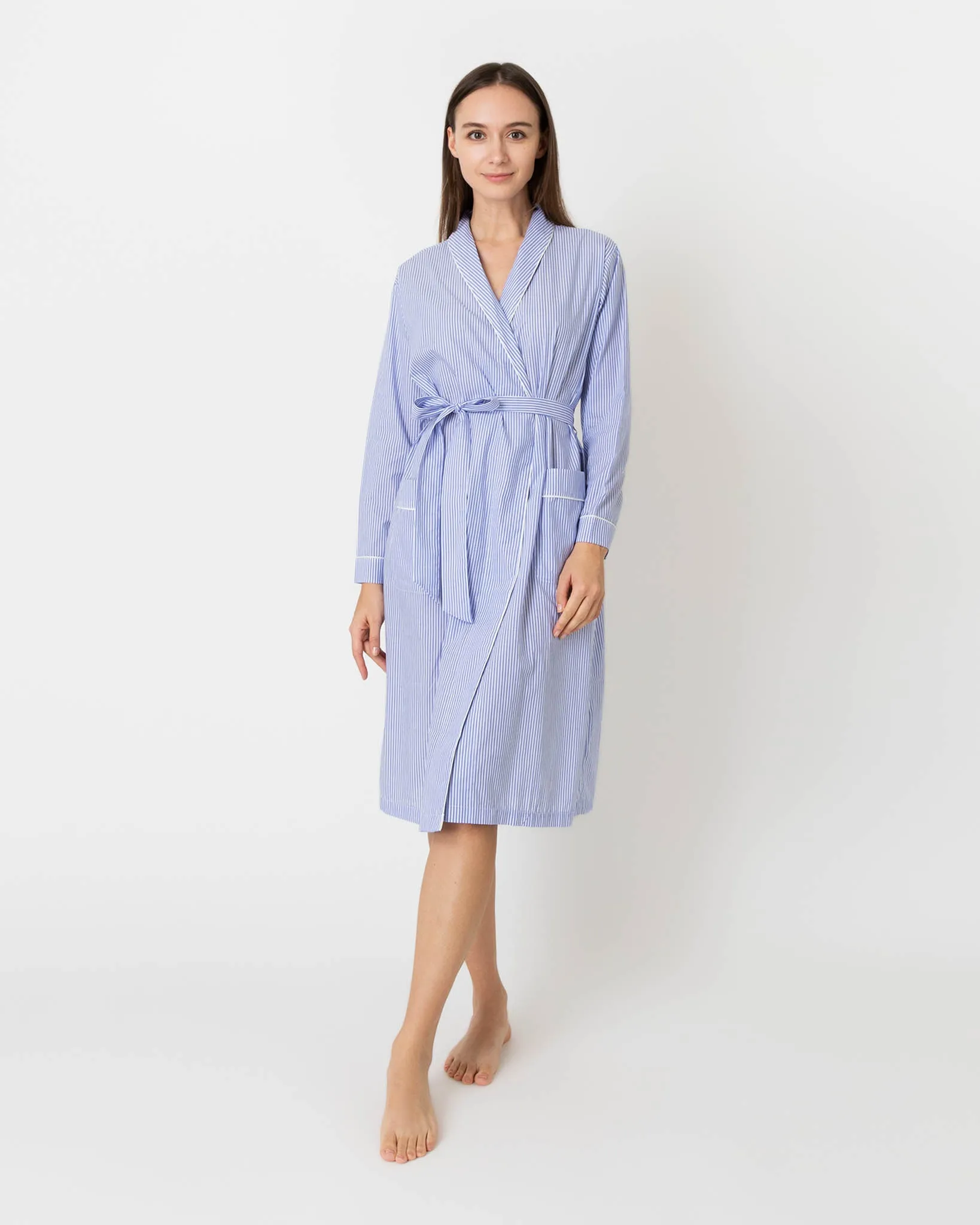 Darcey Robe in Blue Bengal Stripe Cotton Lawn sold by Mashburn
