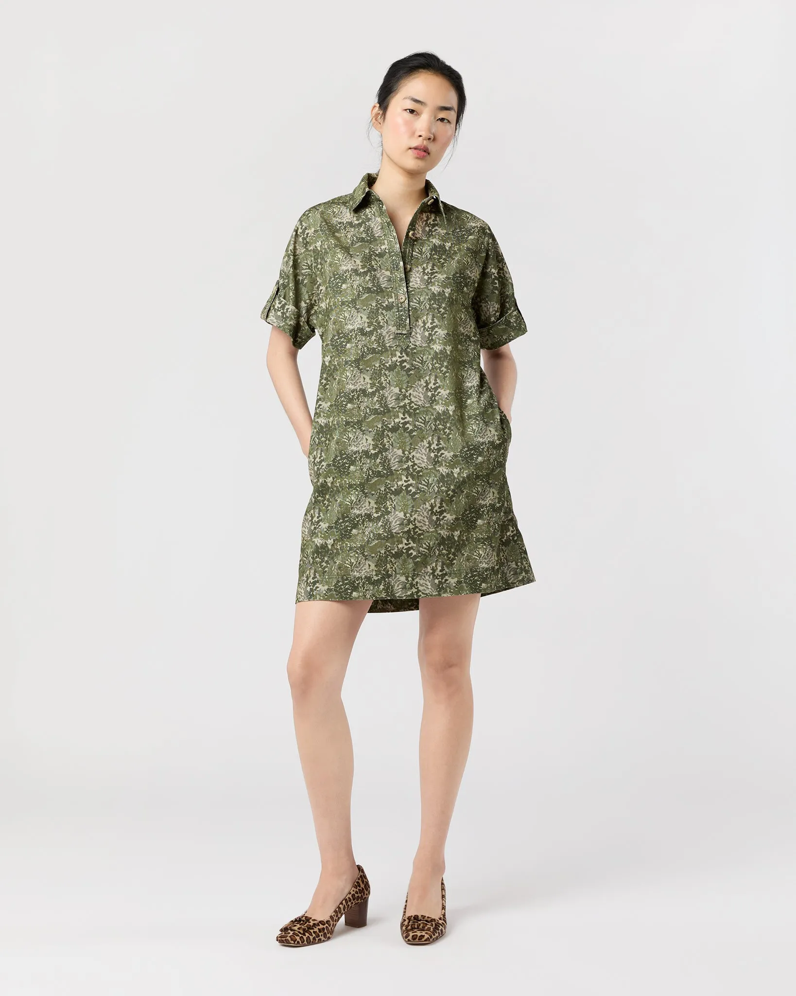 Molly Dress in Olive/Multi Harkness Forest Liberty Fabric Cord sold by Mashburn