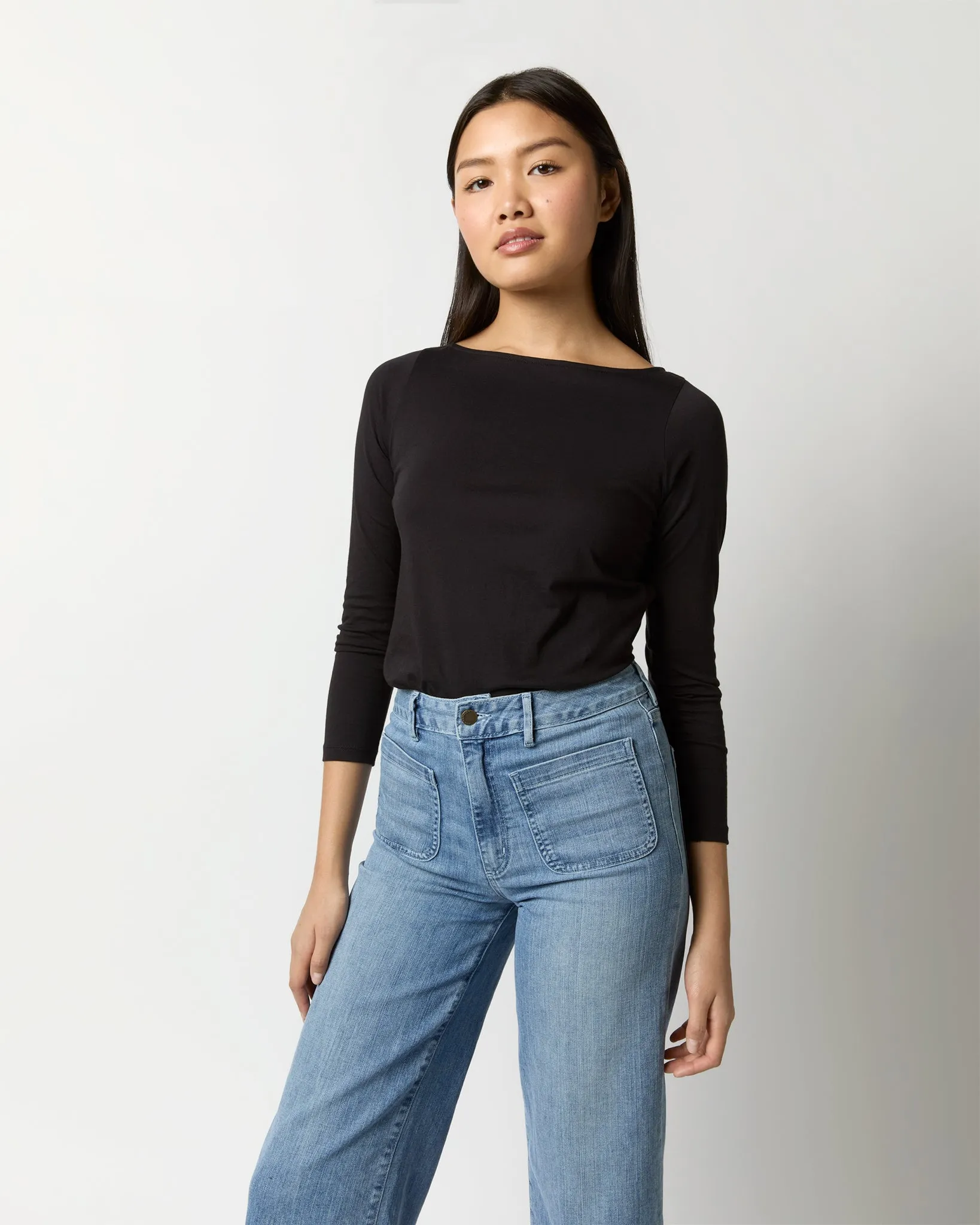 Long-Sleeved Boatneck Tee in Black Pima Cotton sold by Mashburn product image thumbnail 2