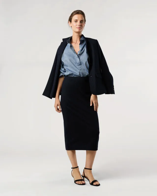 Pull-On Skirt in Navy Pinstripe Knit sold by Mashburn