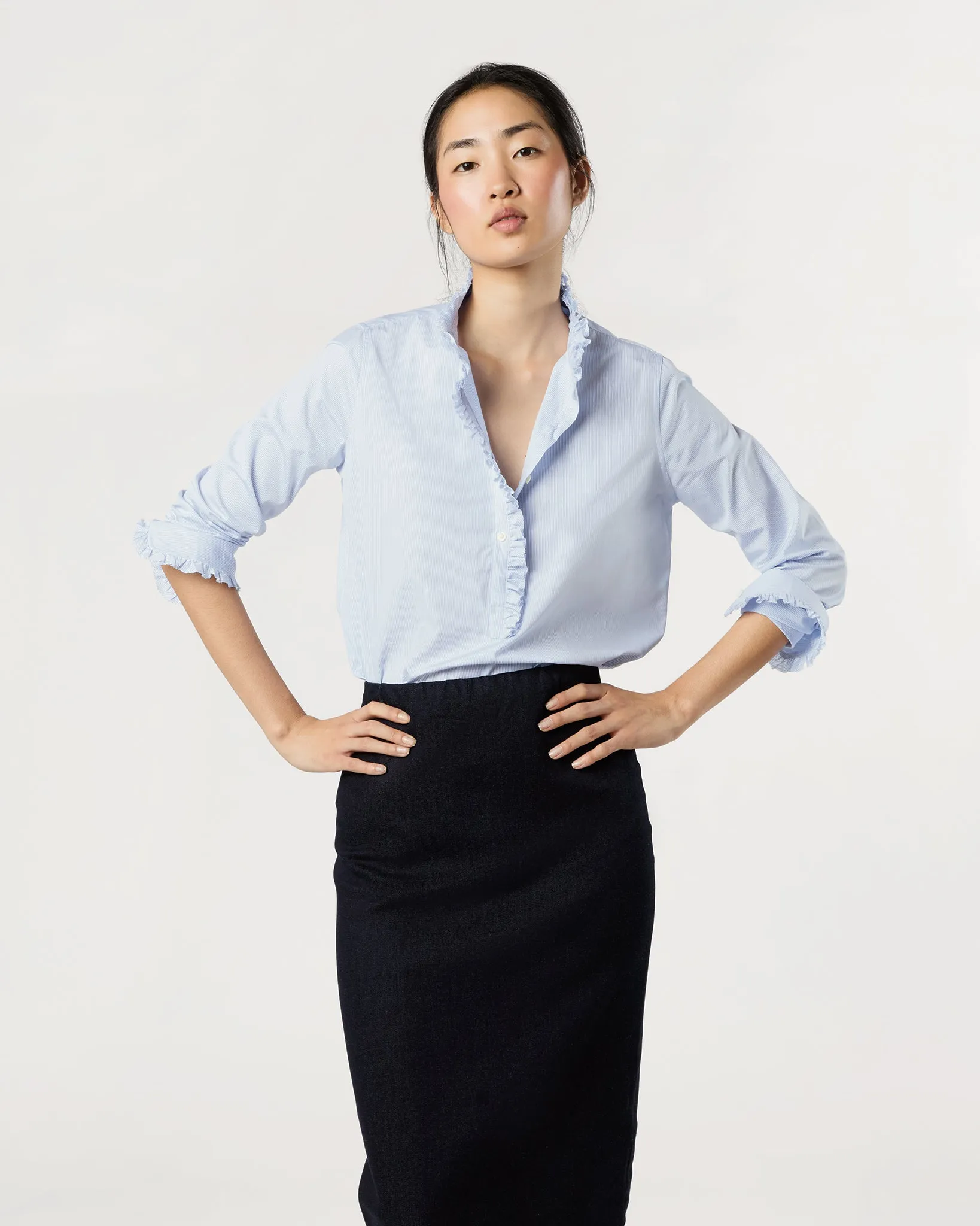 Frill Shirt in Sky Pencil Stripe Poplin sold by Mashburn
