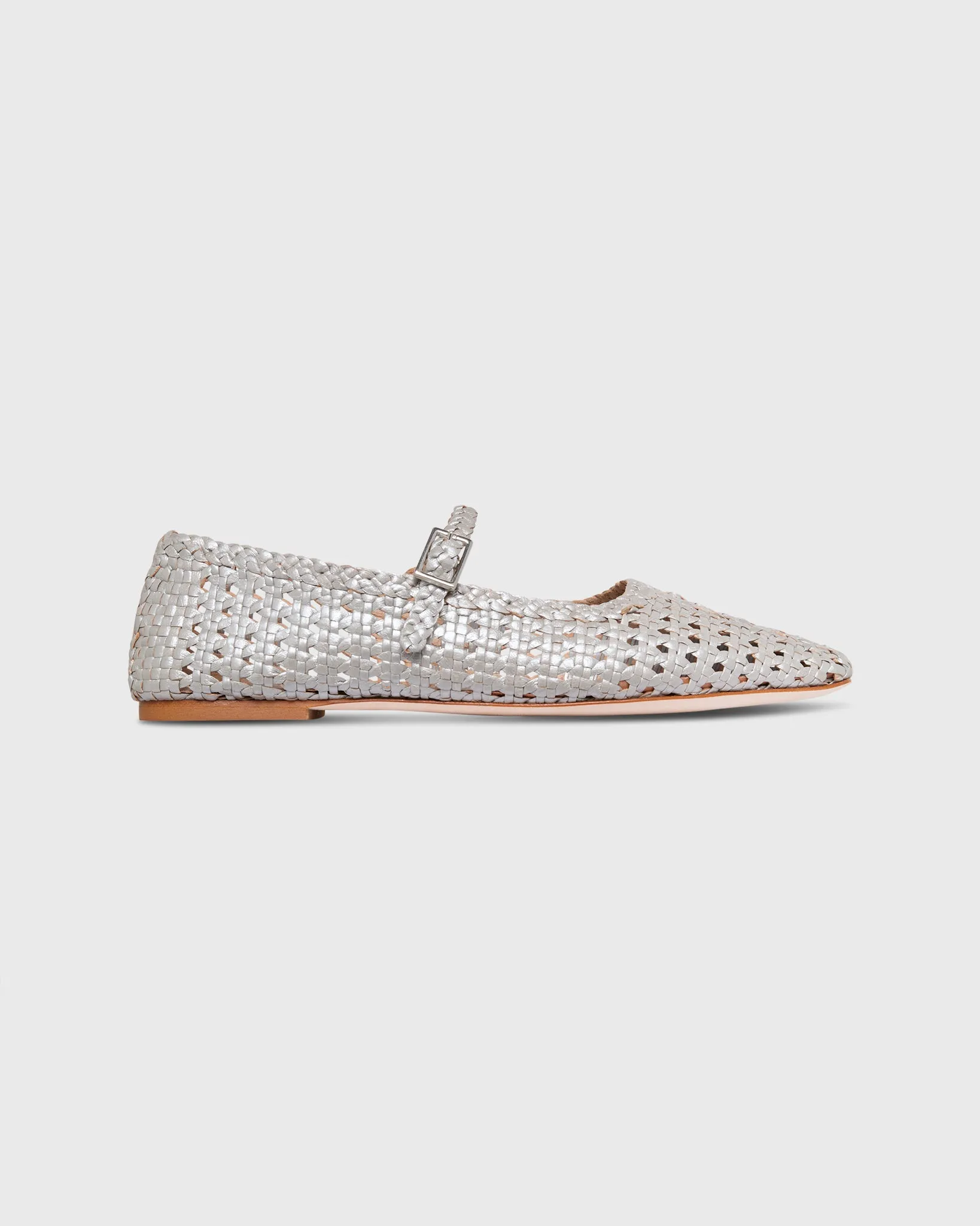 Handwoven Mary Jane in Silver Leather sold by Mashburn
