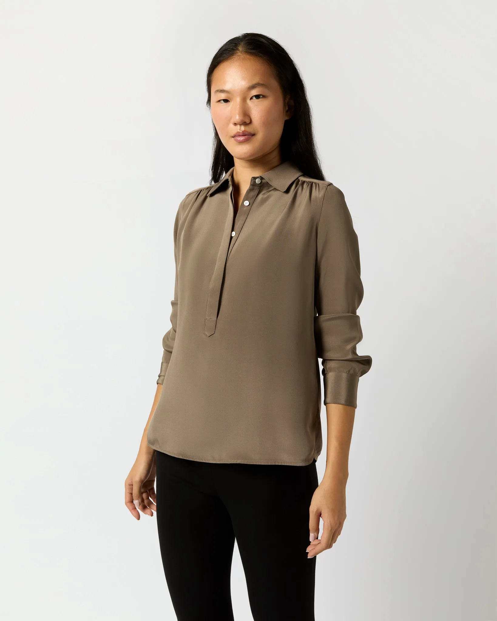 Natalia Blouse in Mink Silk Crepe de Chine sold by Mashburn