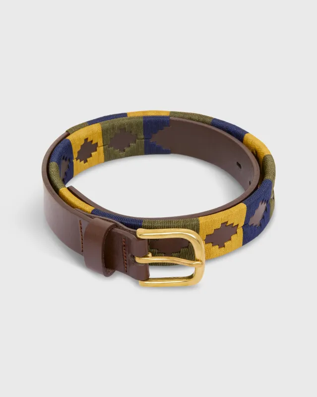 1 1/8" Polo Belt in Gold/Olive/Navy Chocolate Brown Leather made by Sid Mashburn