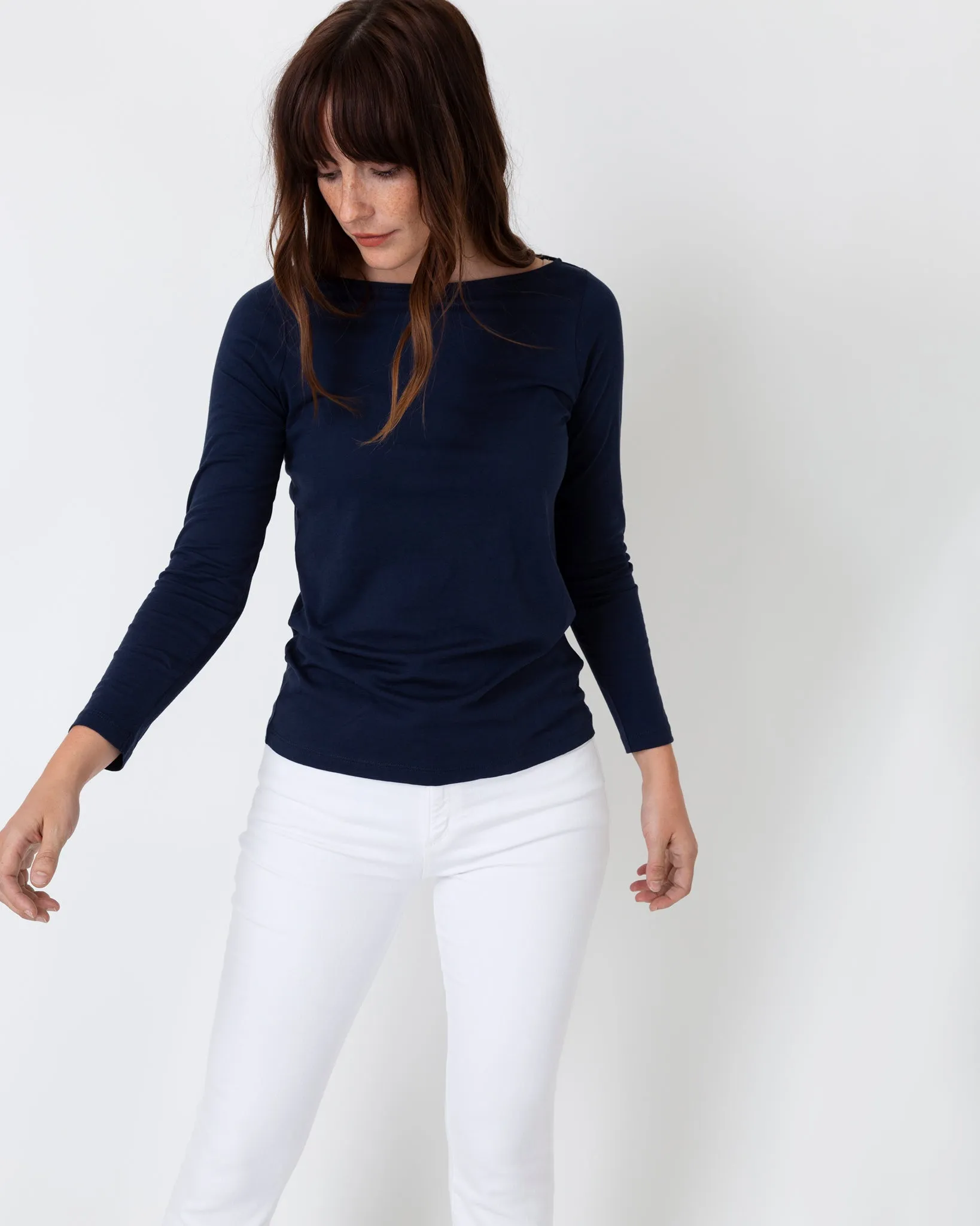 Long-Sleeved Boatneck Tee in Navy Pima Cotton sold by Mashburn product image thumbnail 2