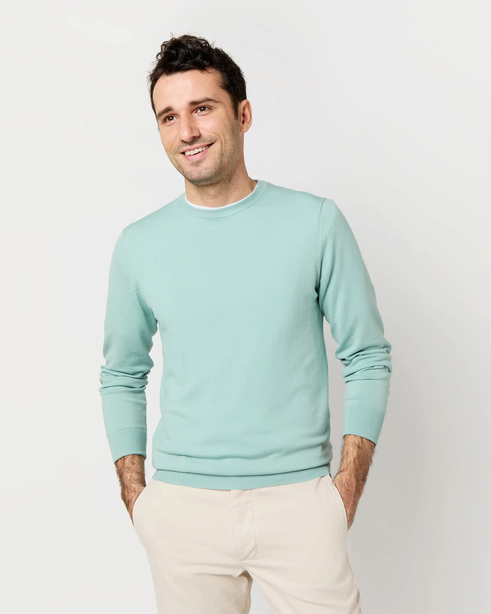 Fine-Gauge Crewneck Sweater in Celadon Escorial Wool sold by Mashburn product image thumbnail 3
