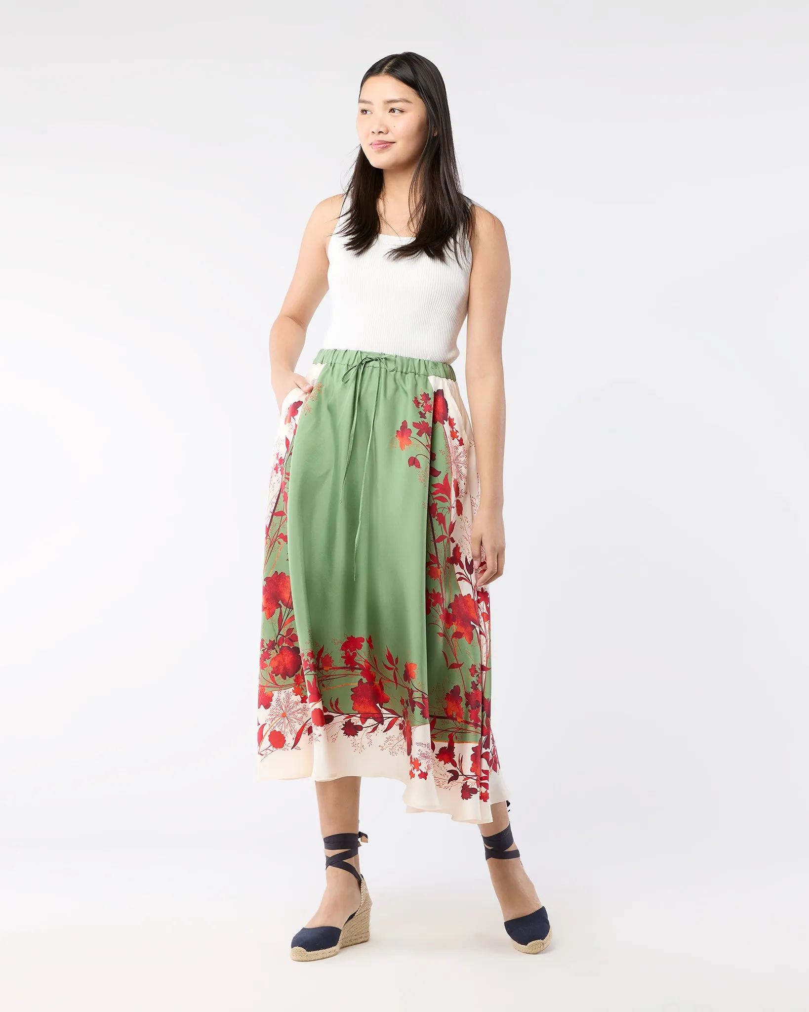 Drawstring Skirt in Woodland Placée Camouflage Silk Twill sold by Mashburn product image thumbnail 3