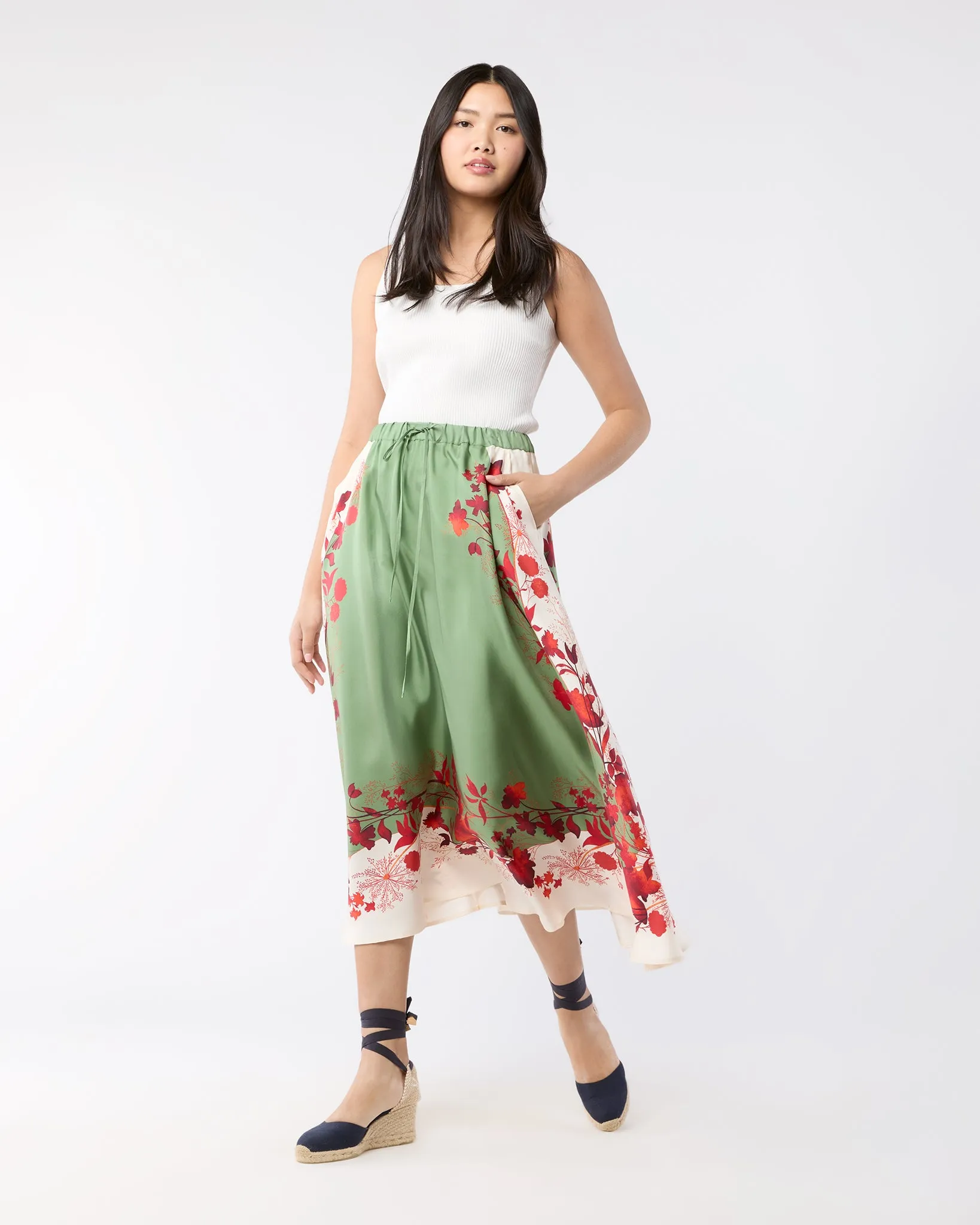 Drawstring Skirt in Woodland Placée Camouflage Silk Twill sold by Mashburn