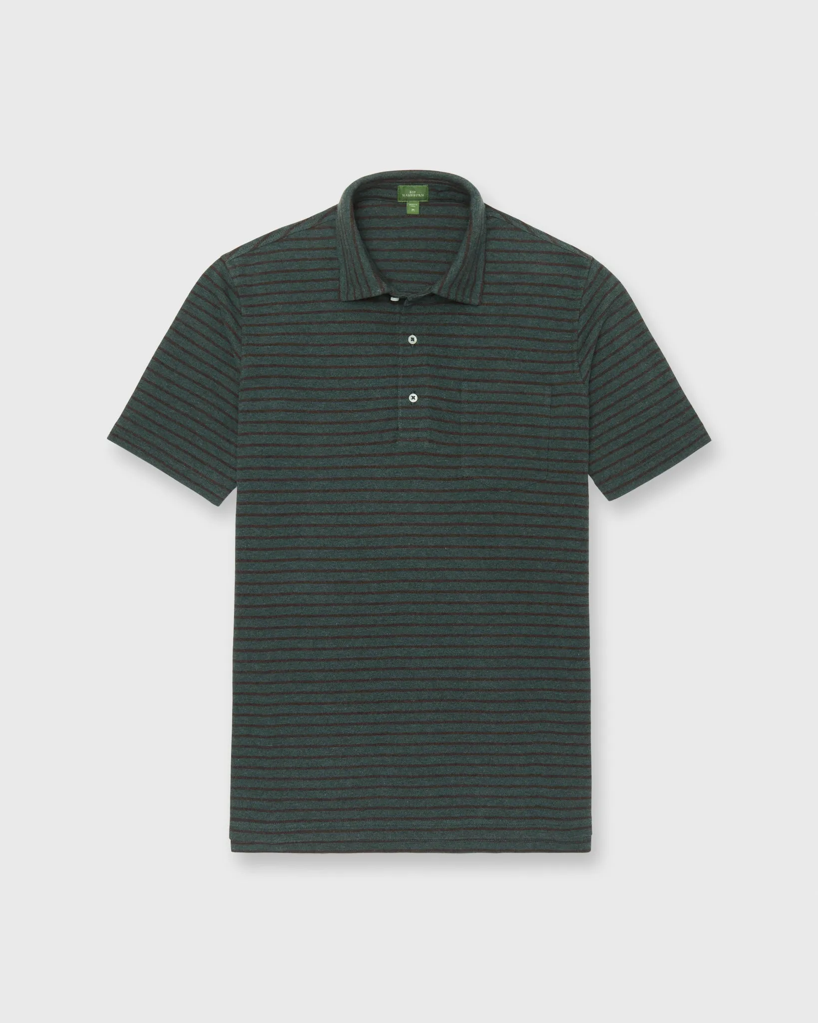 Short-Sleeved Polo in Heather Sea Moss/Heather Brown Stripe Pima Pique sold by Mashburn